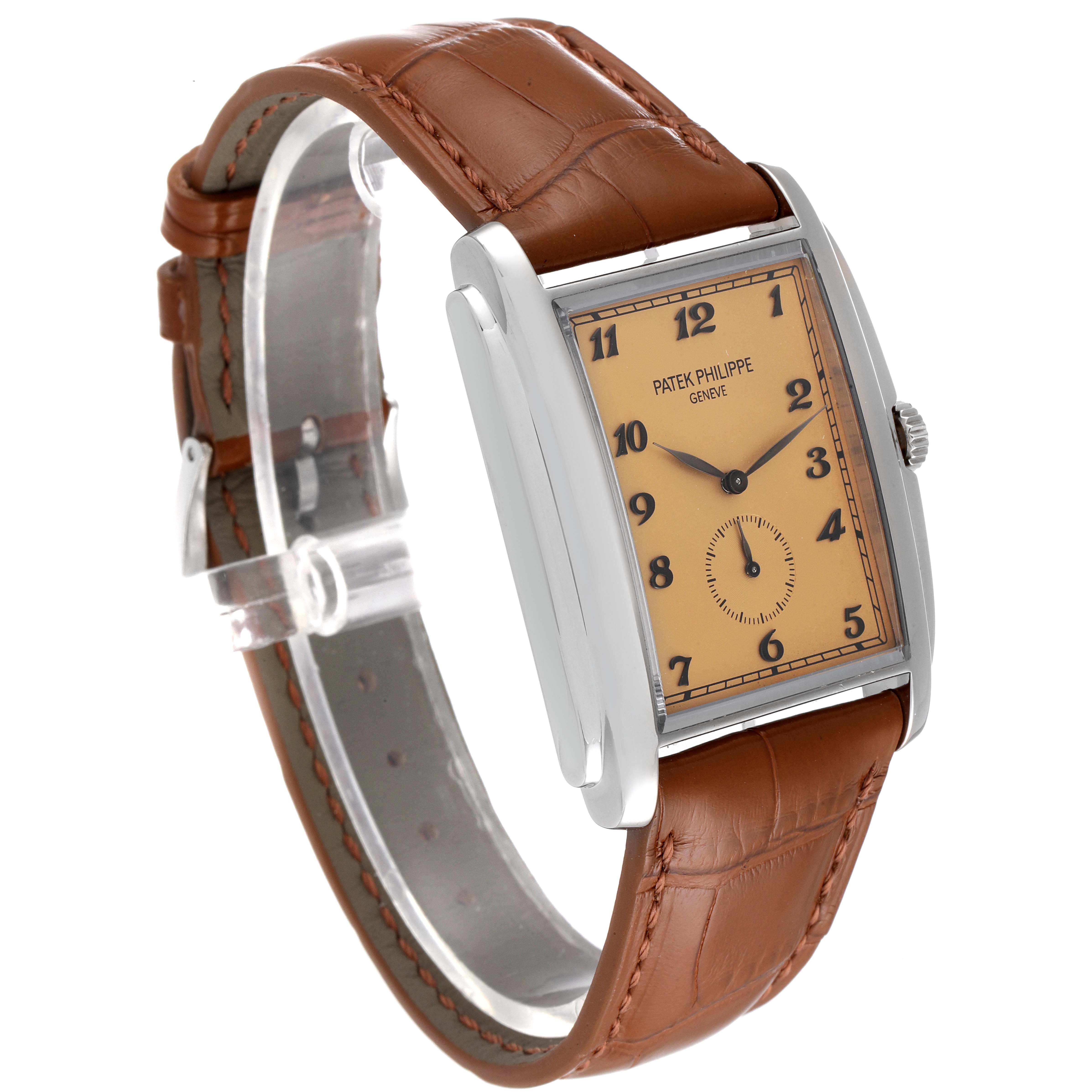 The image shows a Patek Philippe Gondolo 5124G-001 Men's White Gold Pink Dial 5124G-001 Men's White Gold Pink Dial watch at a three-quarter angle, highlighting the watch face, case, and leather strap.