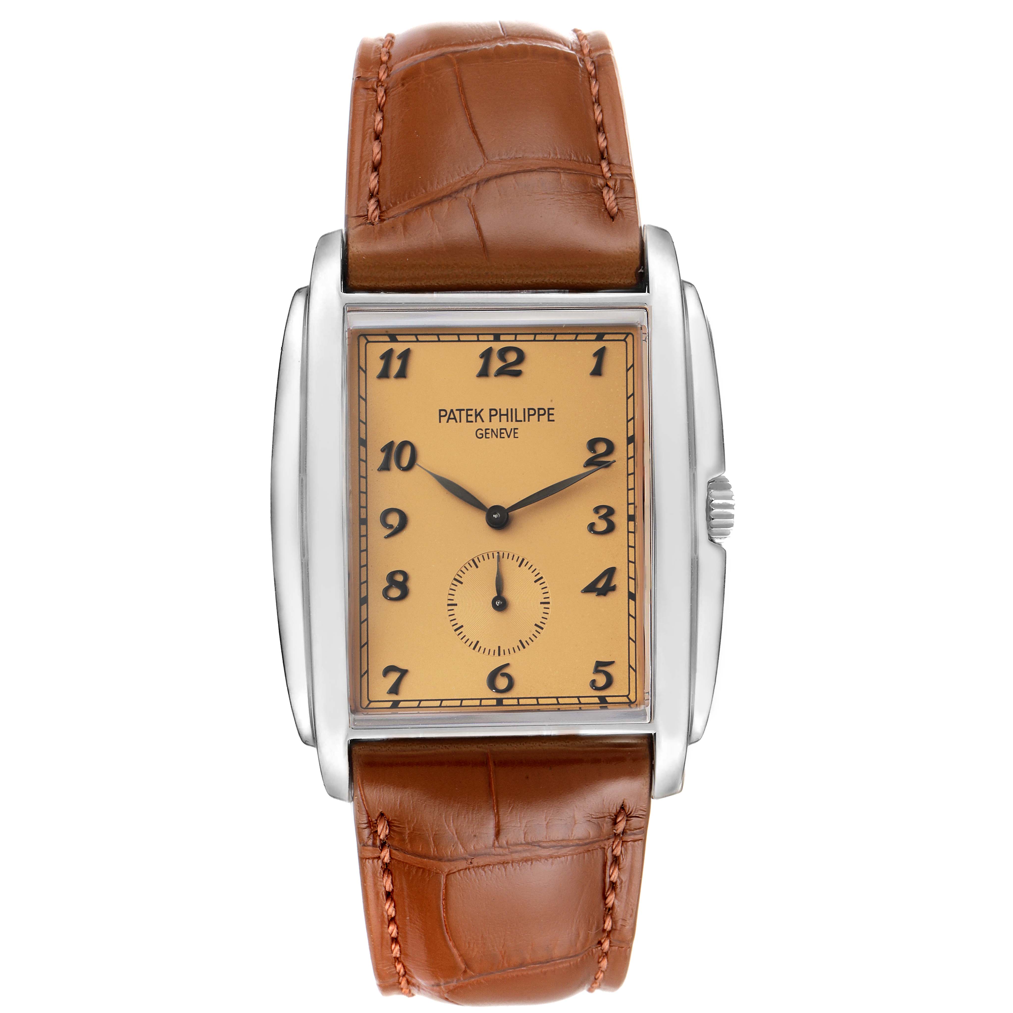 The image shows a front view of a Patek Philippe Gondolo 5124G-001 Men's White Gold Pink Dial 5124G-001 Men's White Gold Pink Dial watch, displaying its dial, case, crown, and leather strap.