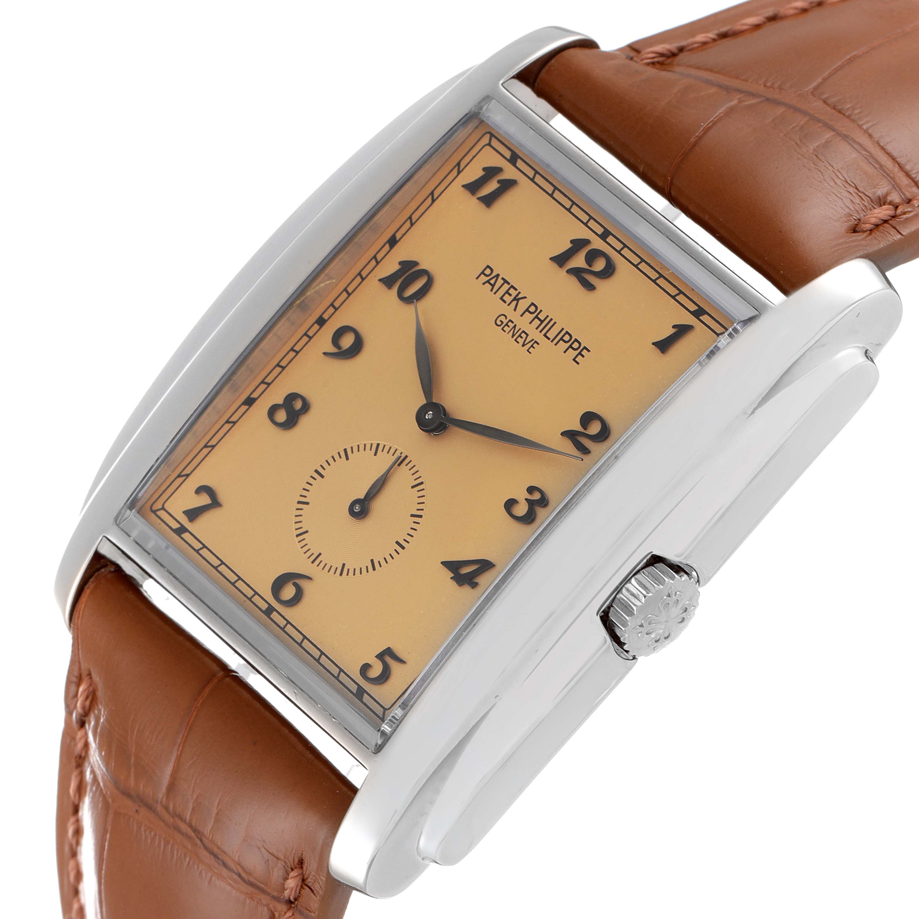 The Patek Philippe Gondolo 5124G-001 Men's White Gold Pink Dial 5124G-001 Men's White Gold Pink Dial watch is shown at a slight angle, displaying the face, dial, case, crown, and brown leather strap.