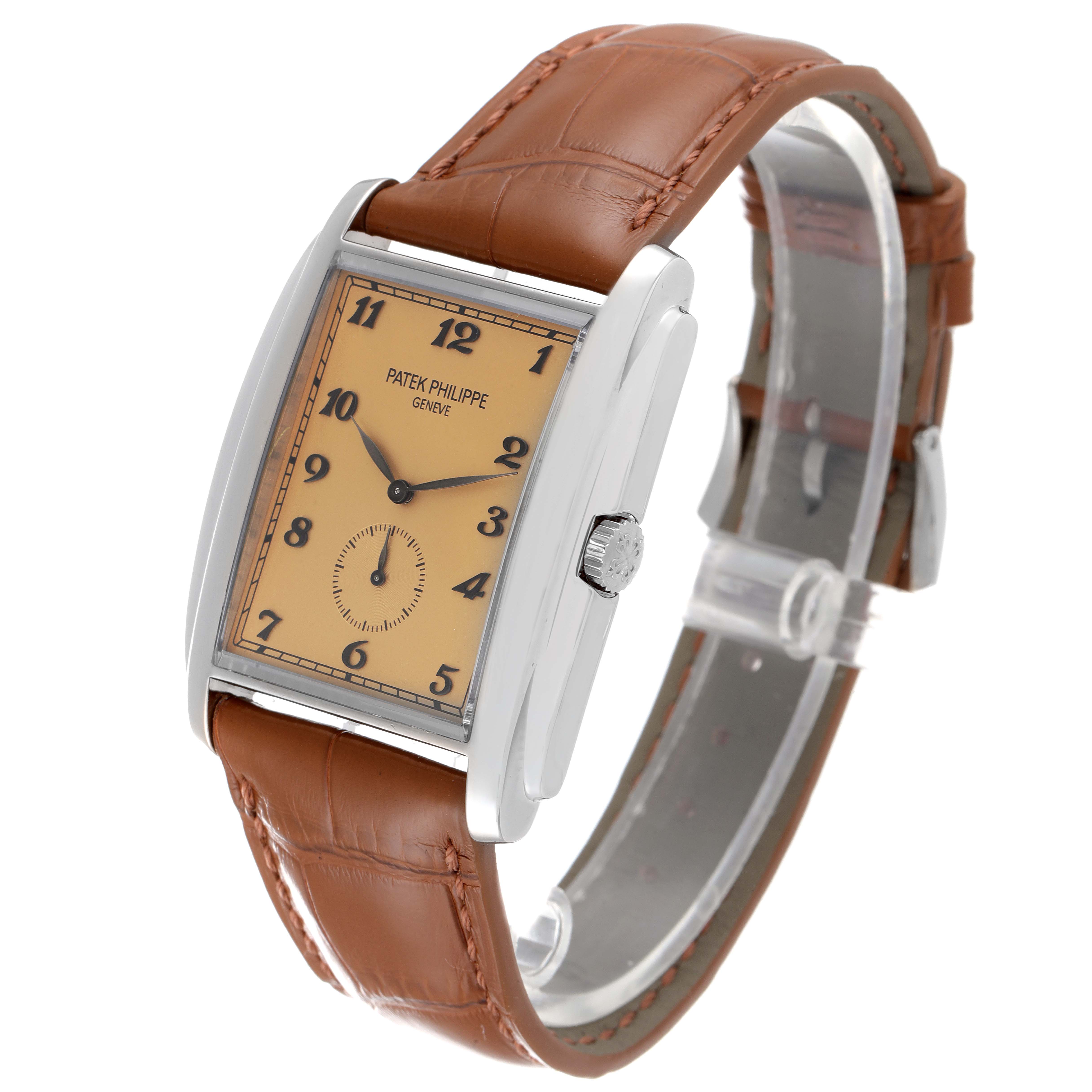 The image shows a side and partial front view of the Patek Philippe Gondolo 5124G-001 Men's White Gold Pink Dial 5124G-001 Men's White Gold Pink Dial watch, highlighting its dial, case, crown, and leather strap.