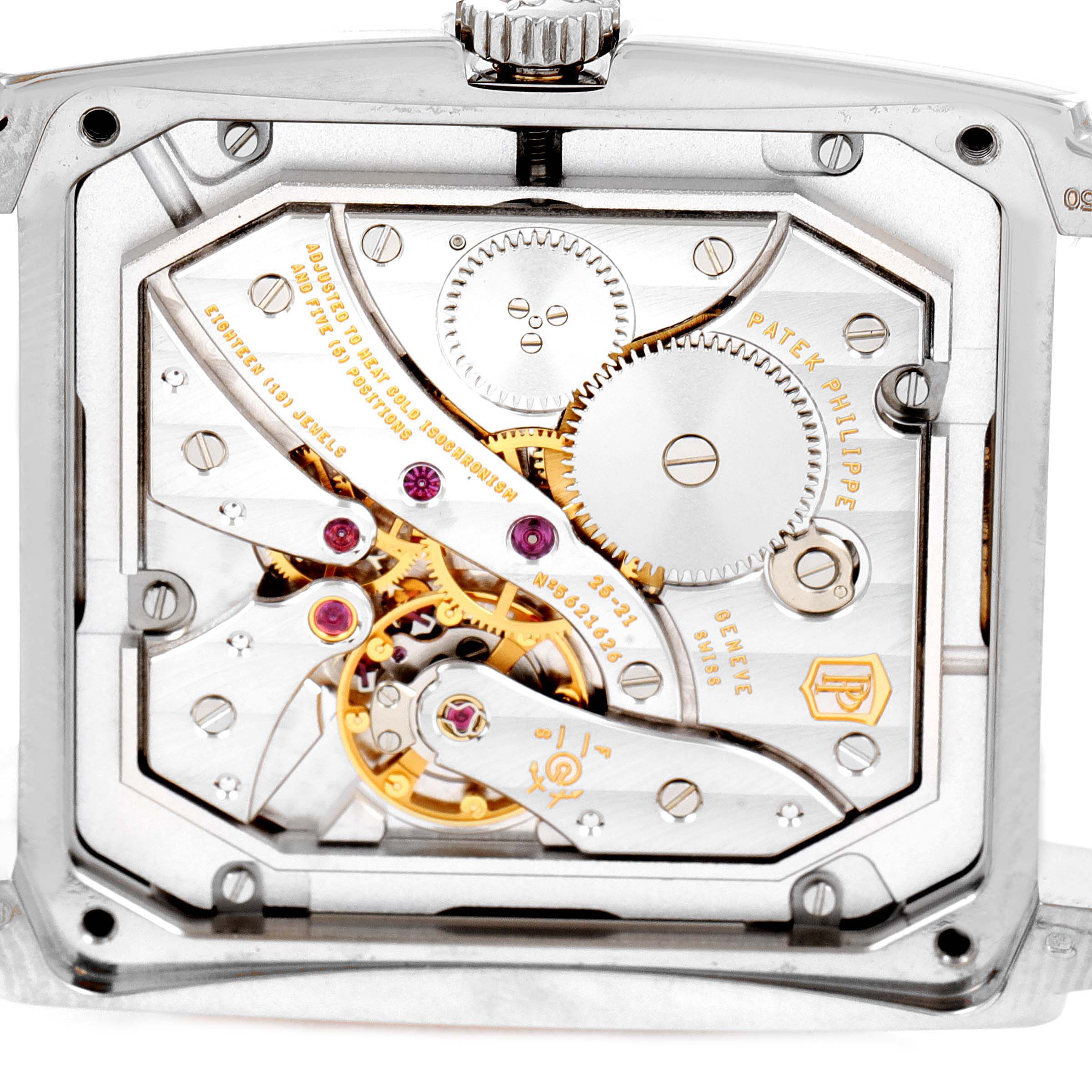 The image shows the inner mechanical movement of a Patek Philippe Gondolo 5124G-001 Men's White Gold Pink Dial 5124G-001 Men's White Gold Pink Dial watch from a back angle.