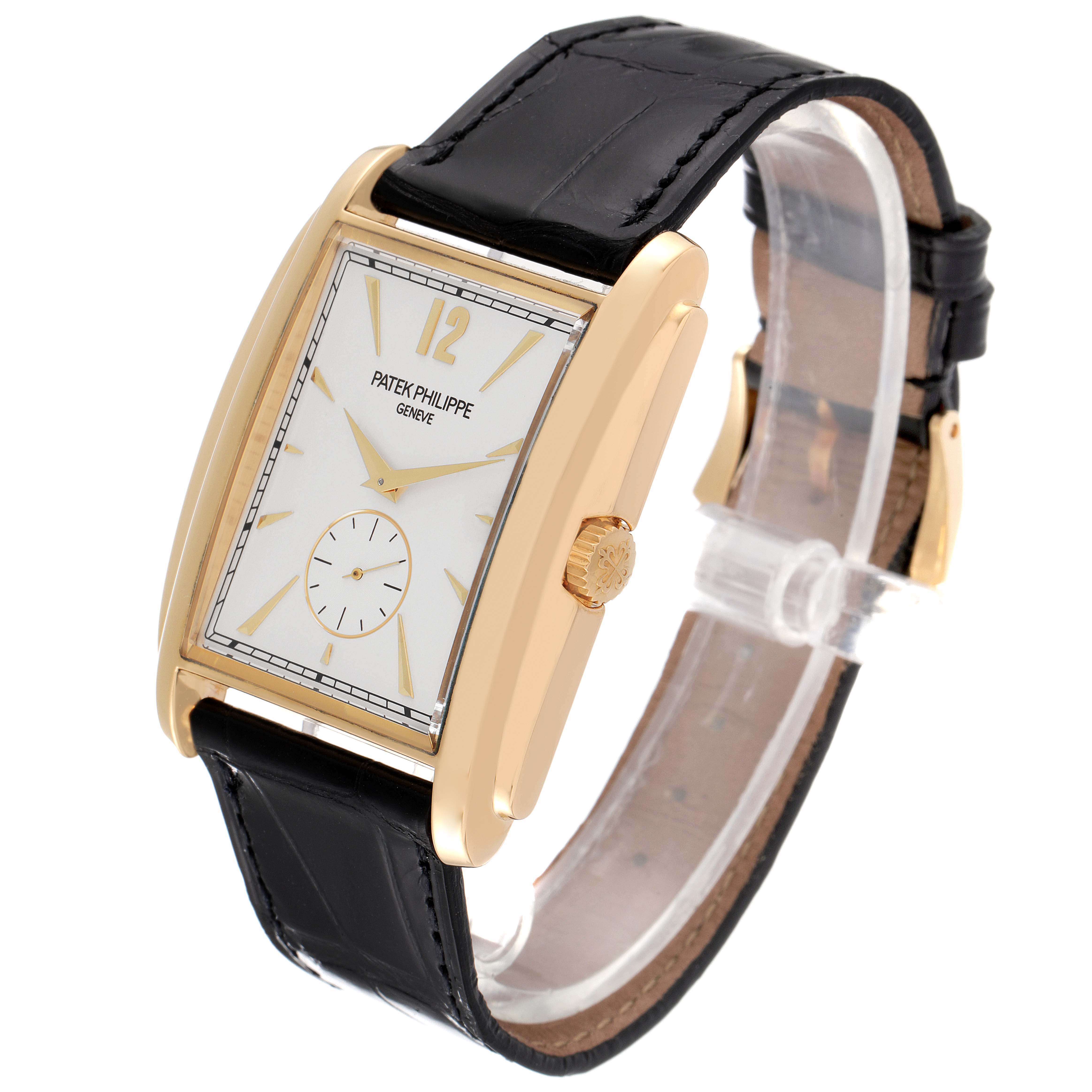 The image shows a Patek Philippe Gondolo 5124J Men's Yellow Gold Silver Dial 5124J Men's Yellow Gold Silver Dial watch at a slight angle, highlighting the dial, crown, case, and black leather strap.