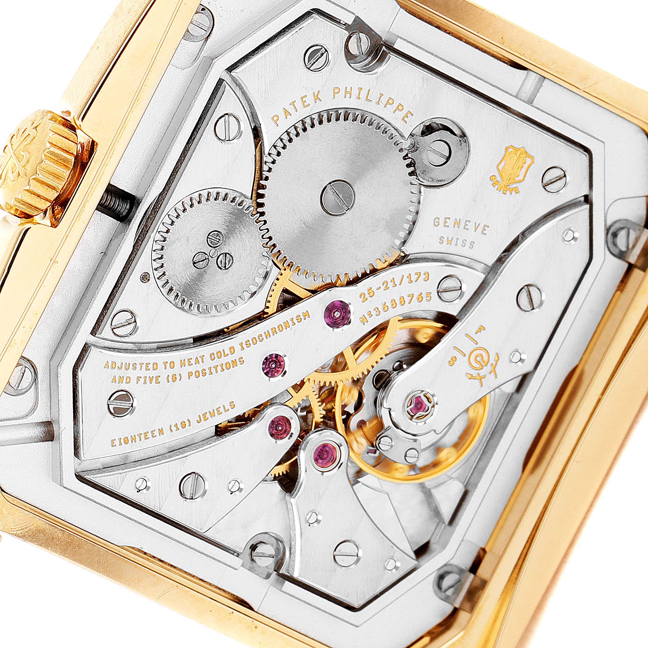 This image shows the back view of the inner mechanics of a Patek Philippe Gondolo 5124J Men's Yellow Gold Silver Dial 5124J Men's Yellow Gold Silver Dial watch, highlighting its gears and intricate design.