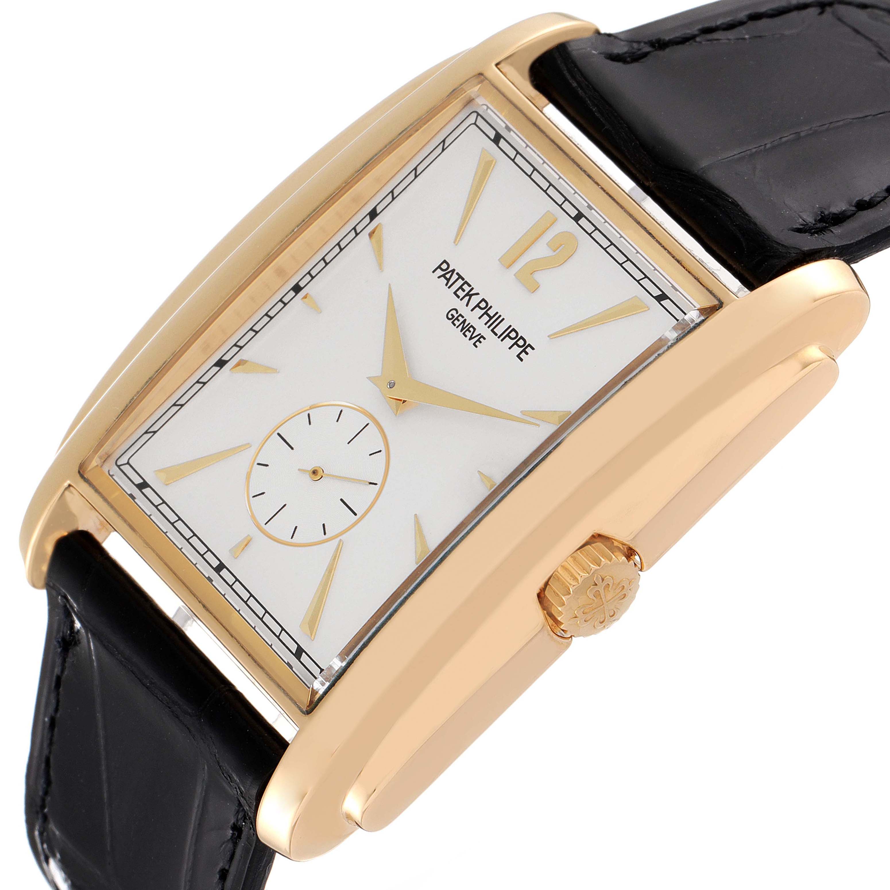 The image shows a side angle view of the Patek Philippe Gondolo 5124J Men's Yellow Gold Silver Dial 5124J Men's Yellow Gold Silver Dial watch, highlighting the watch face, crown, and black leather strap.