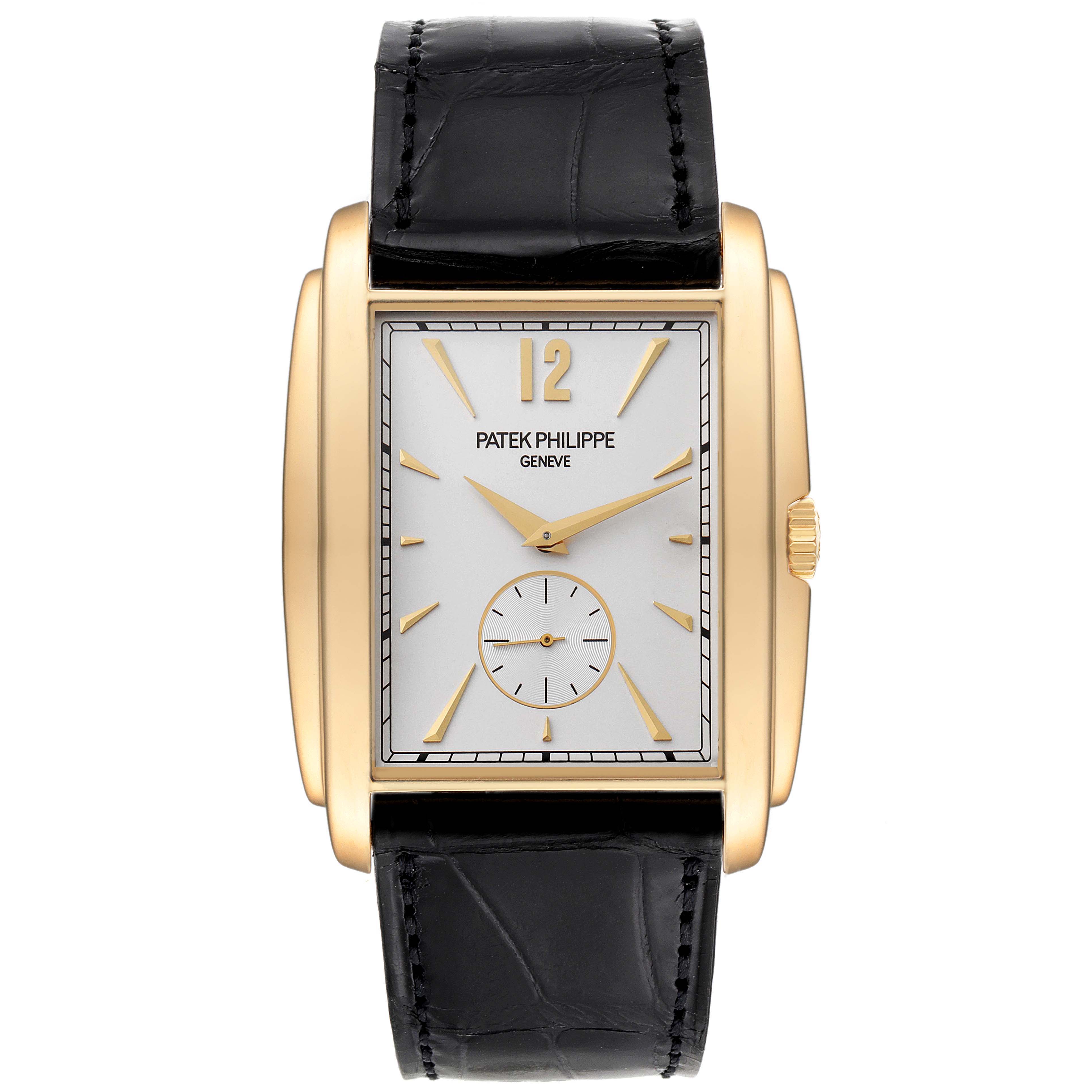 The image shows a front view of the Patek Philippe Gondolo 5124J Men's Yellow Gold Silver Dial 5124J Men's Yellow Gold Silver Dial watch, highlighting its rectangular dial, gold case, and black leather strap.