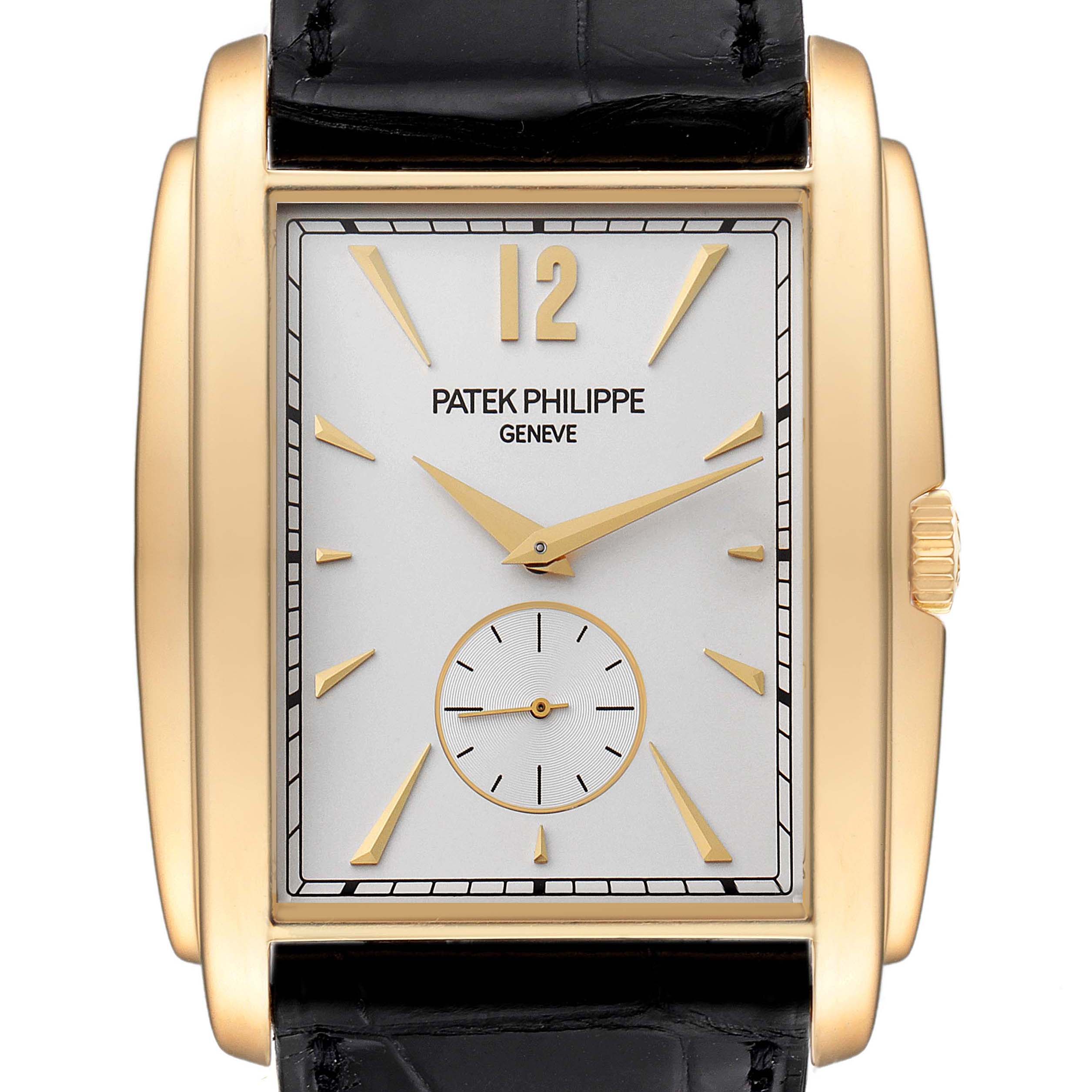 This image displays the front view of the Patek Philippe Gondolo 5124J Men's Yellow Gold Silver Dial 5124J Men's Yellow Gold Silver Dial watch, highlighting its rectangular gold case, white dial, and black leather strap.