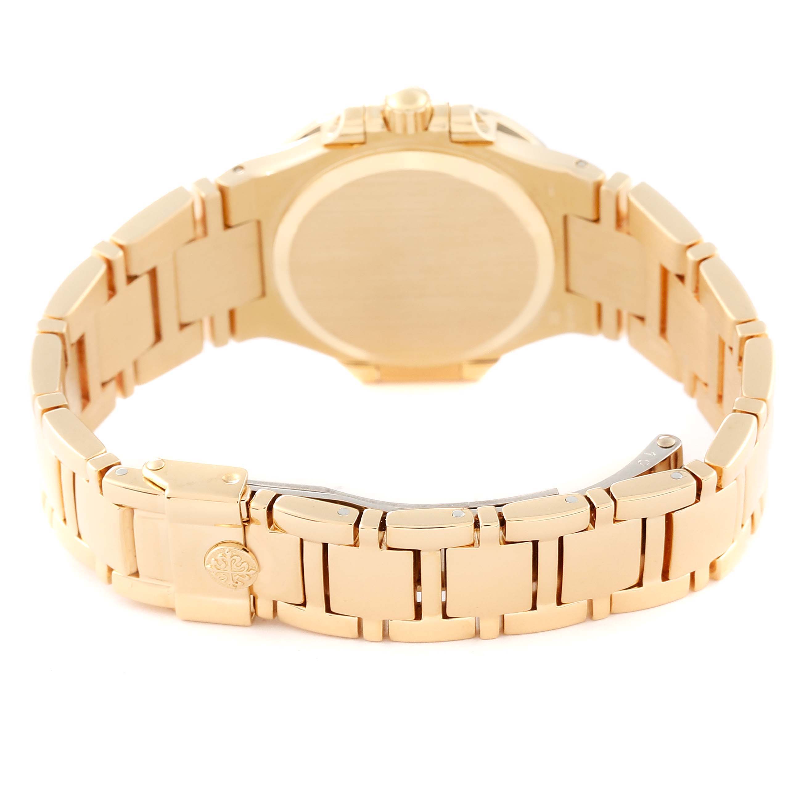 The image shows the back of the Patek Philippe Nautilus 4700/51 Women's Yellow Gold Champagne Dial 4700/51 Women's Yellow Gold Champagne Dial watch, highlighting the bracelet and clasp.