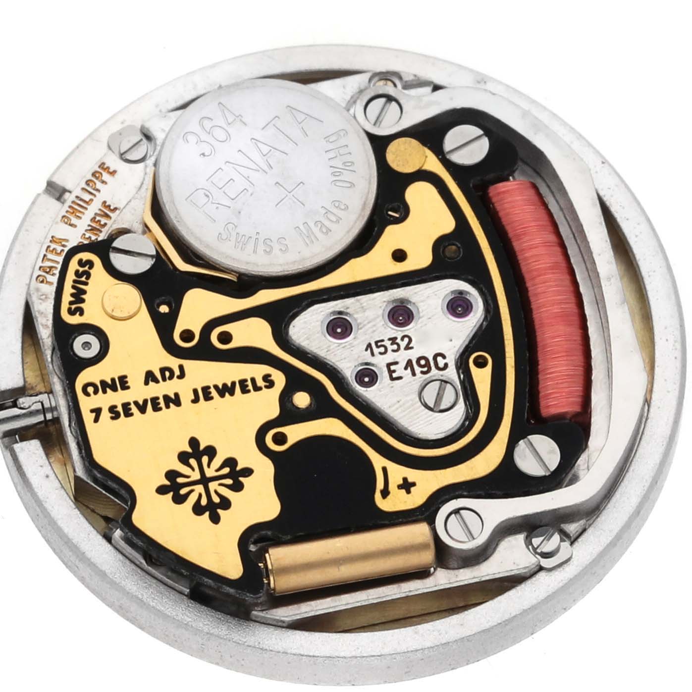 Close-up of the movement mechanism for the Nautilus model by Patek Philippe, showing components like battery and jewels.