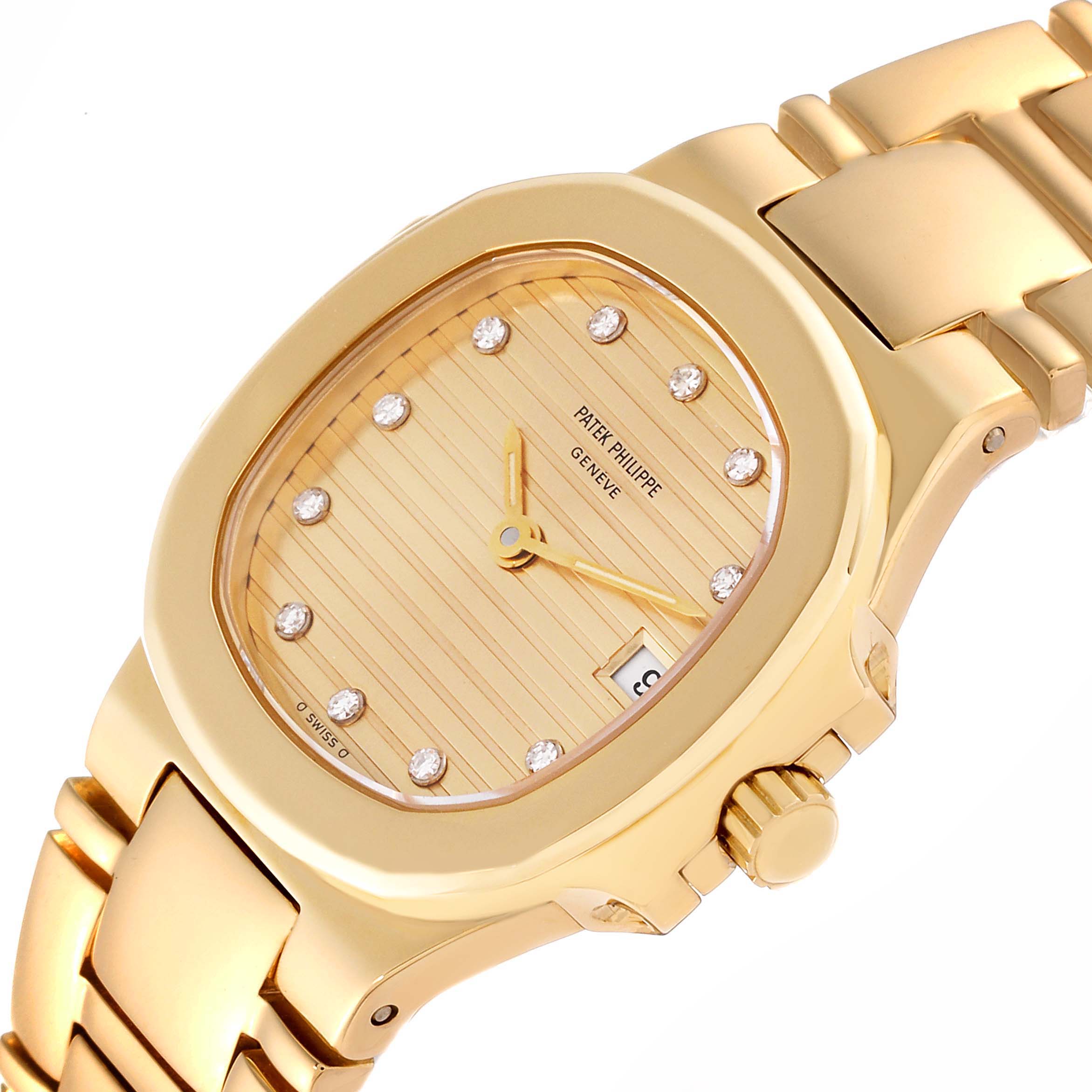 The Patek Philippe Nautilus 4700/51 Women's Yellow Gold Champagne Dial 4700/51 Women's Yellow Gold Champagne Dial watch is shown from an angled view, showcasing its gold case, dial, bracelet, and crown.