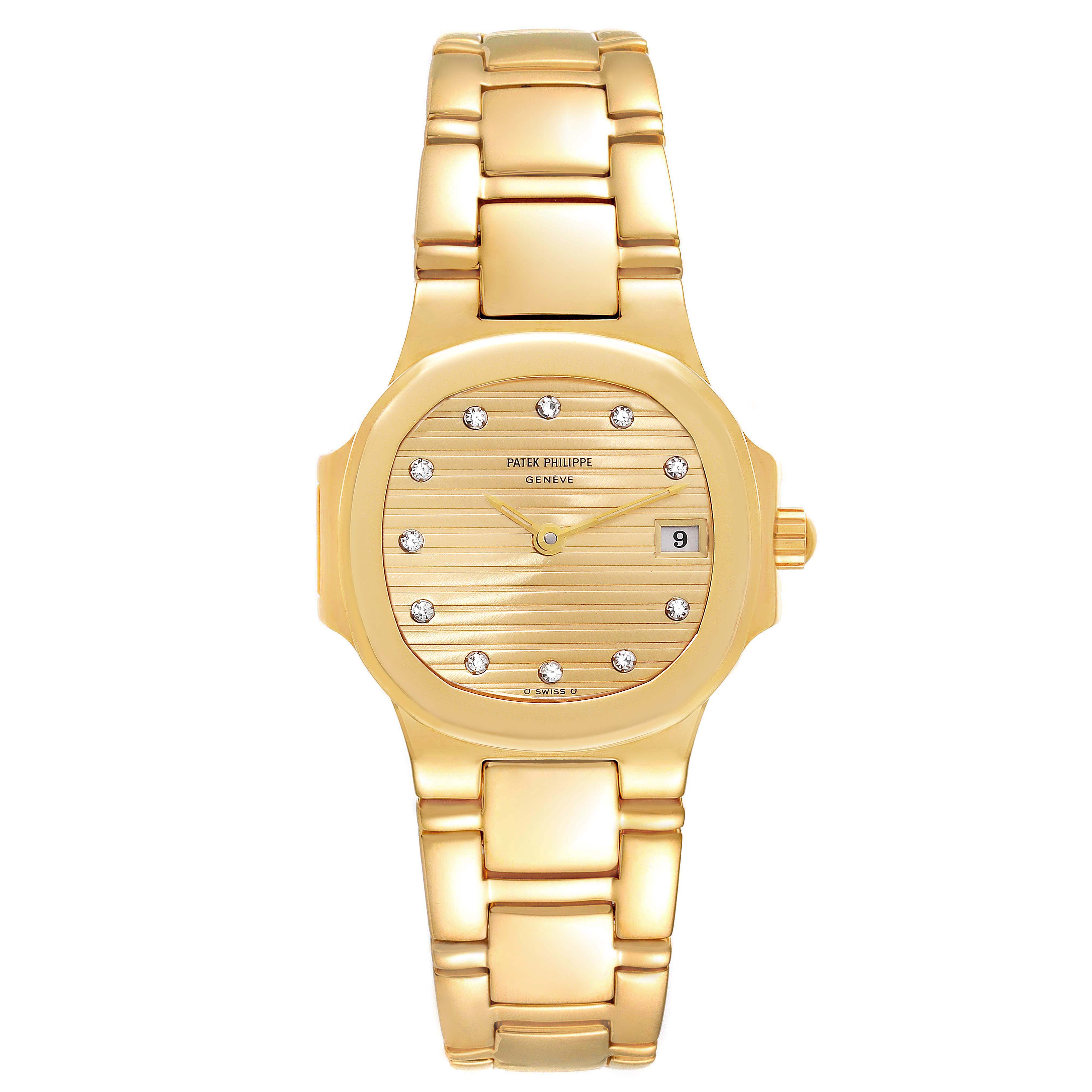 This image shows a front view of a gold Patek Philippe Nautilus 4700/51 Women's Yellow Gold Champagne Dial 4700/51 Women's Yellow Gold Champagne Dial watch with a date display and diamond hour markers.