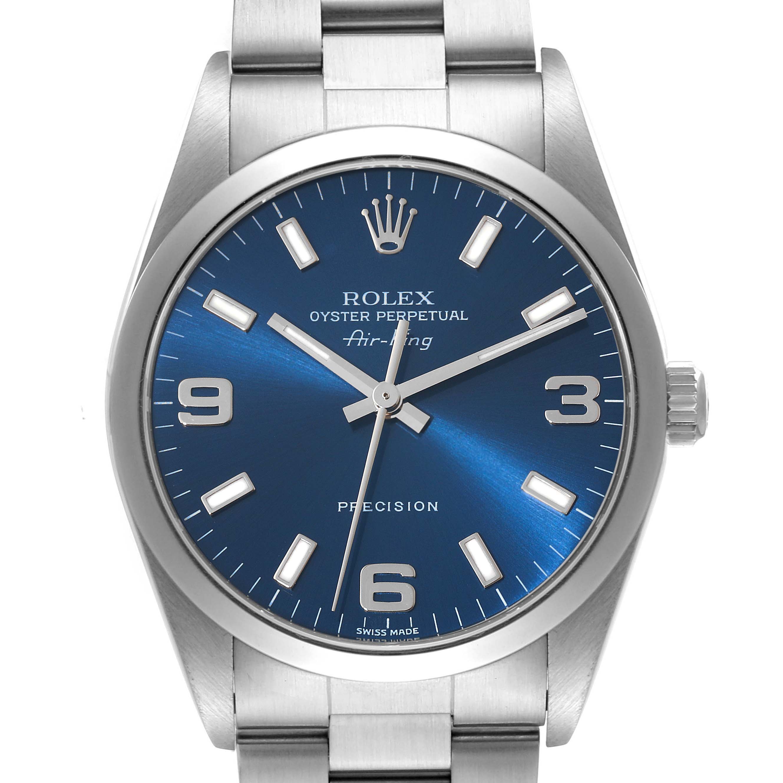 This image shows a front view of the Rolex Air-King 14000M Men's Stainless Steel Blue Dial 14000M Men's Stainless Steel Blue Dial watch, highlighting its blue dial, hour markers, and stainless steel bracelet.