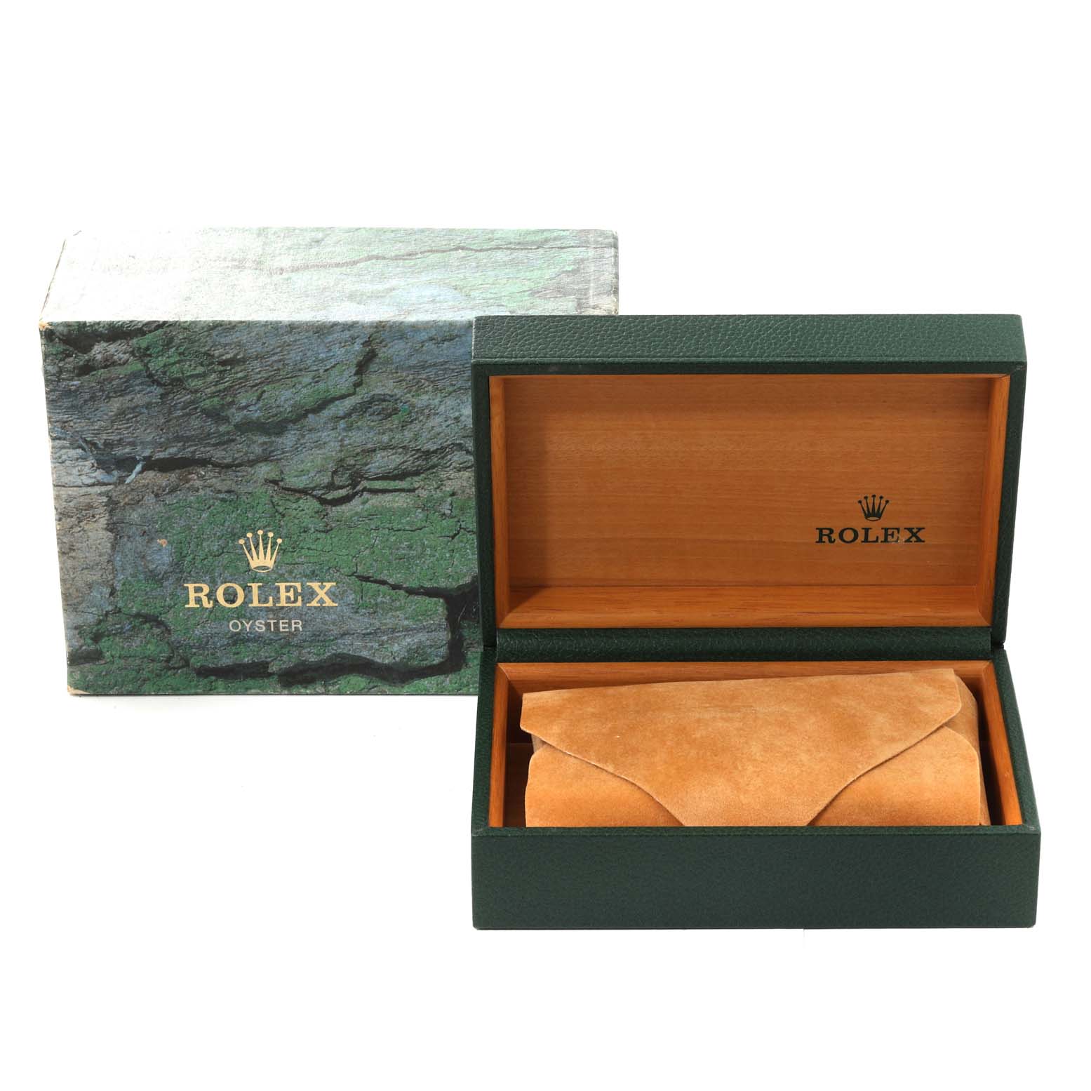 The image shows an open green Rolex Air-King 14000M Men's Stainless Steel Blue Dial 14000M Men's Stainless Steel Blue Dial watch box with a Rolex logo and a leather pouch inside.