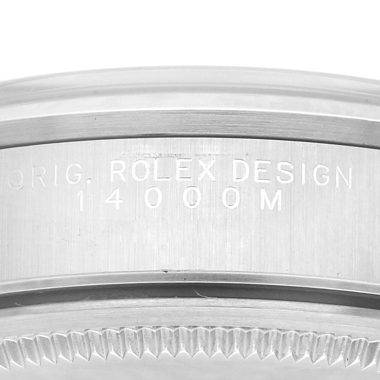 The image shows a close-up of the side of the casing for a Rolex Air-King 14000M Men's Stainless Steel Blue Dial 14000M Men's Stainless Steel Blue Dial watch, displaying the model number 14000 M.