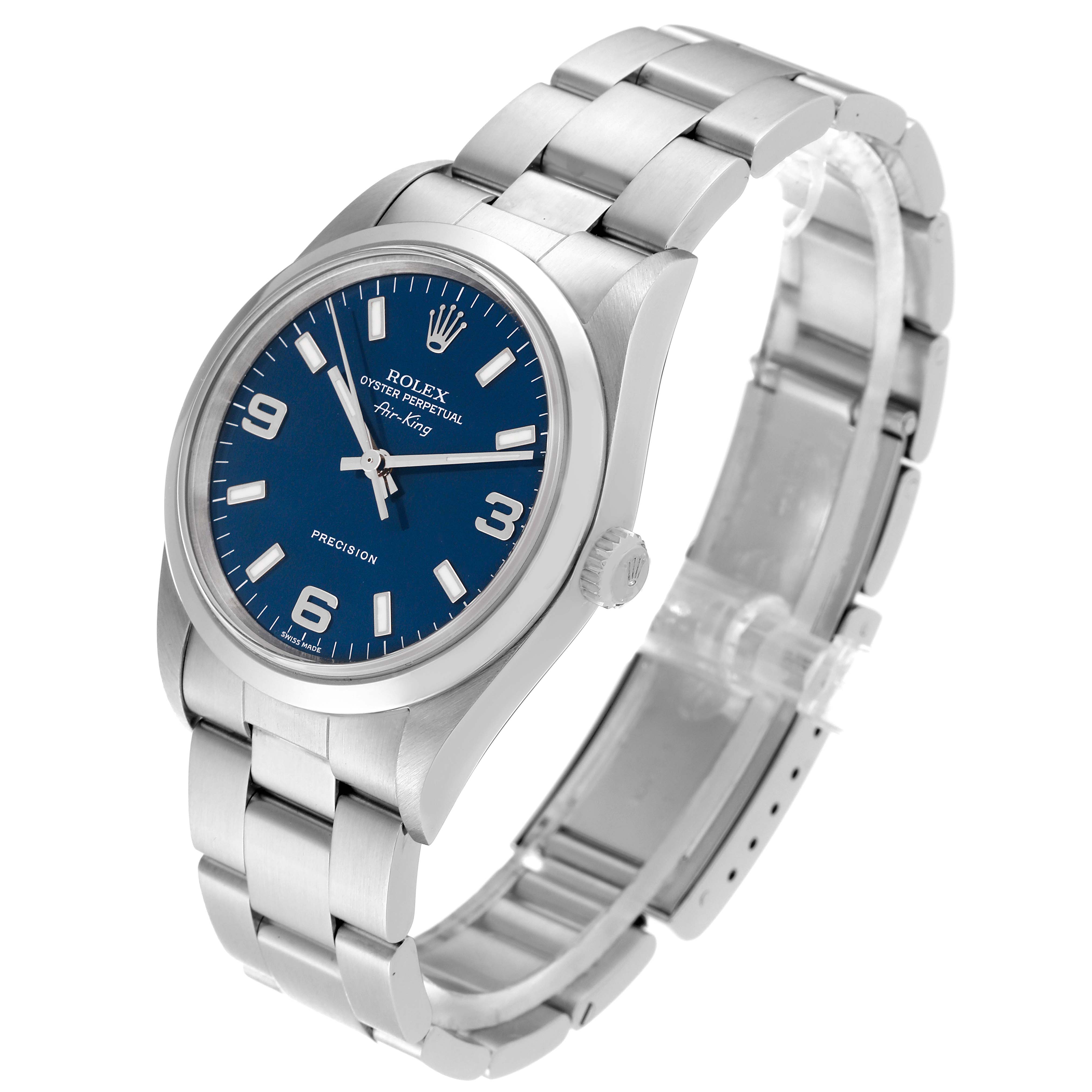 The Rolex Air-King 14000M Men's Stainless Steel Blue Dial 14000M Men's Stainless Steel Blue Dial watch is shown at a three-quarter angle, displaying its face, bezel, crown, and bracelet.