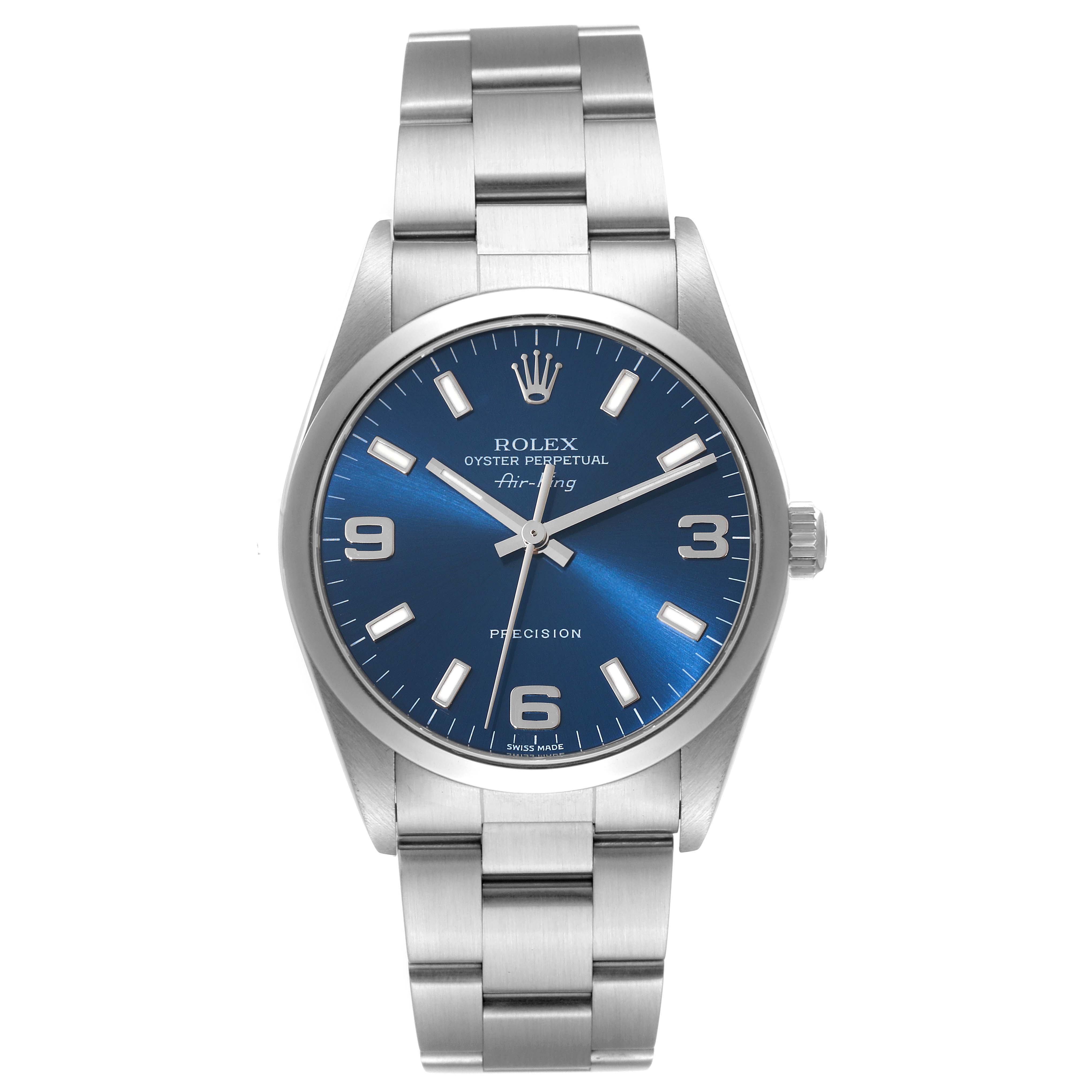 The Rolex Air-King 14000M Men's Stainless Steel Blue Dial 14000M Men's Stainless Steel Blue Dial watch is shown from a front angle, displaying the face, case, and bracelet.
