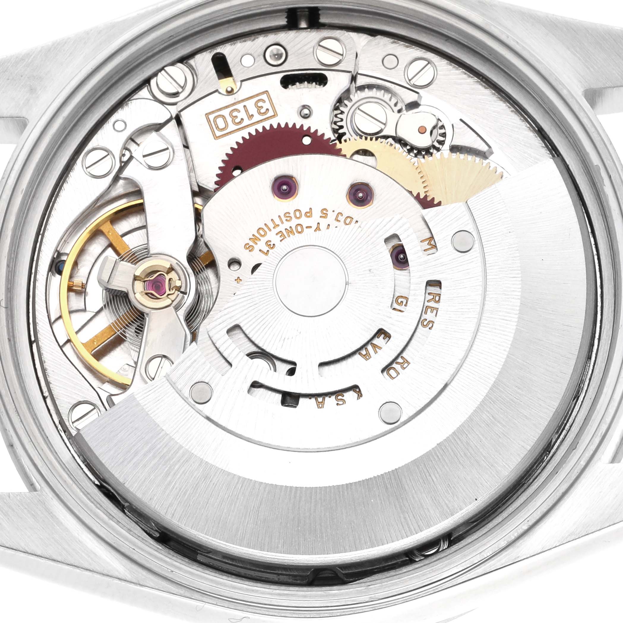 The image shows the internal mechanism of the Rolex Air-King 14000M Men's Stainless Steel Blue Dial 14000M Men's Stainless Steel Blue Dial watch from the back view, detailing gears and movement components.