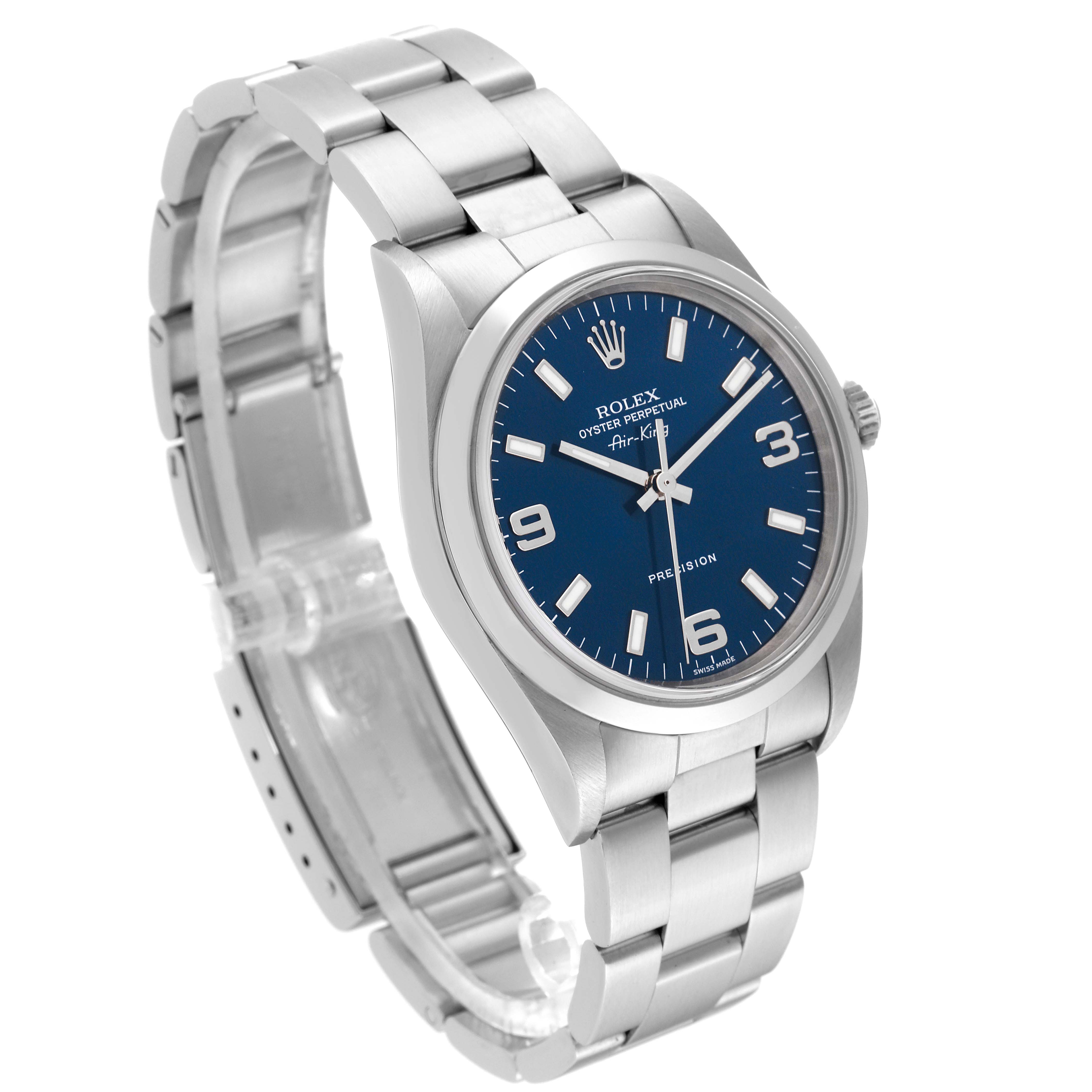 This image shows a Rolex Air-King 14000M Men's Stainless Steel Blue Dial 14000M Men's Stainless Steel Blue Dial watch angled to the left, displaying its face, bracelet, and crown.