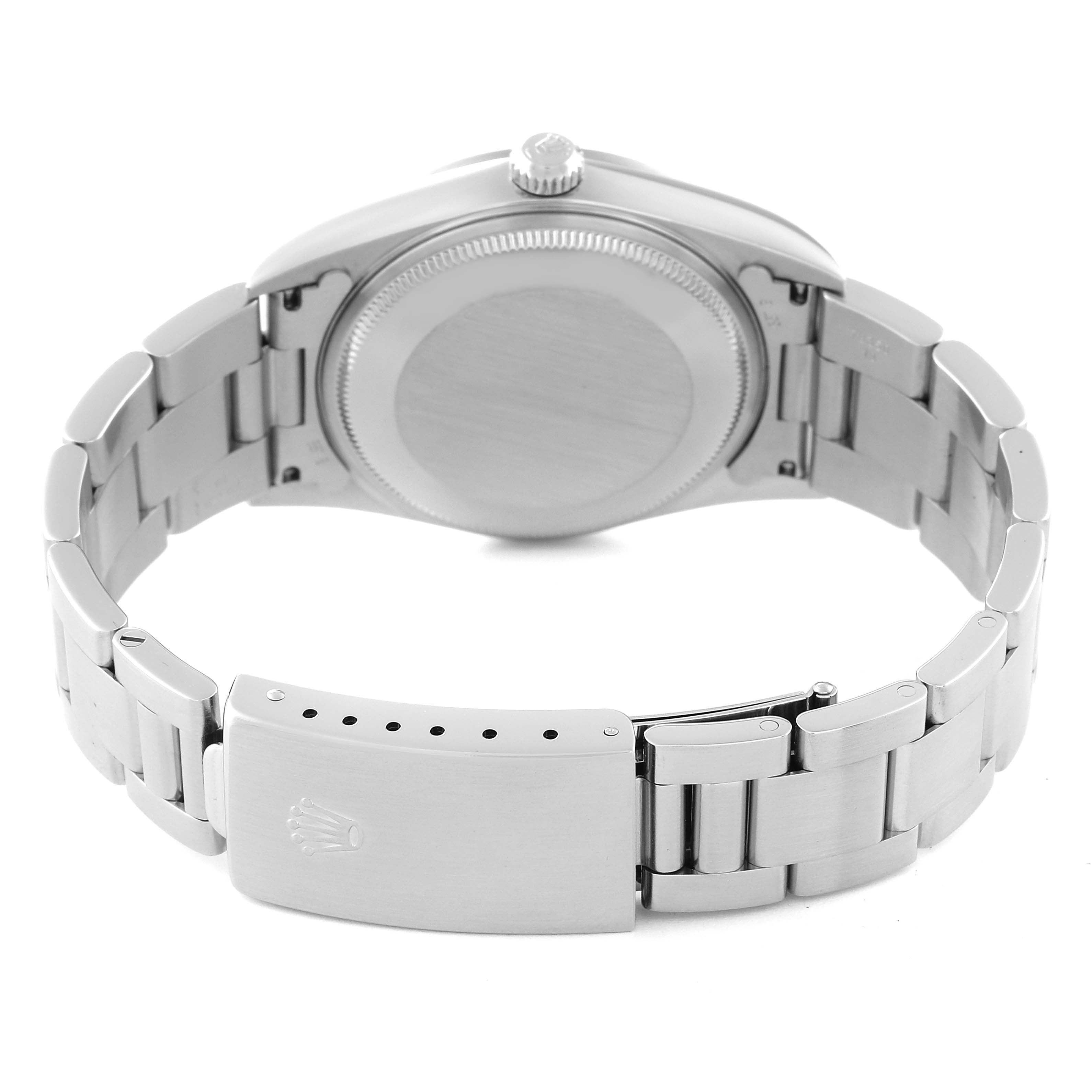 This image shows the back view and bracelet of the Rolex Air-King 14000M Men's Stainless Steel Blue Dial 14000M Men's Stainless Steel Blue Dial watch, highlighting the caseback and clasp.