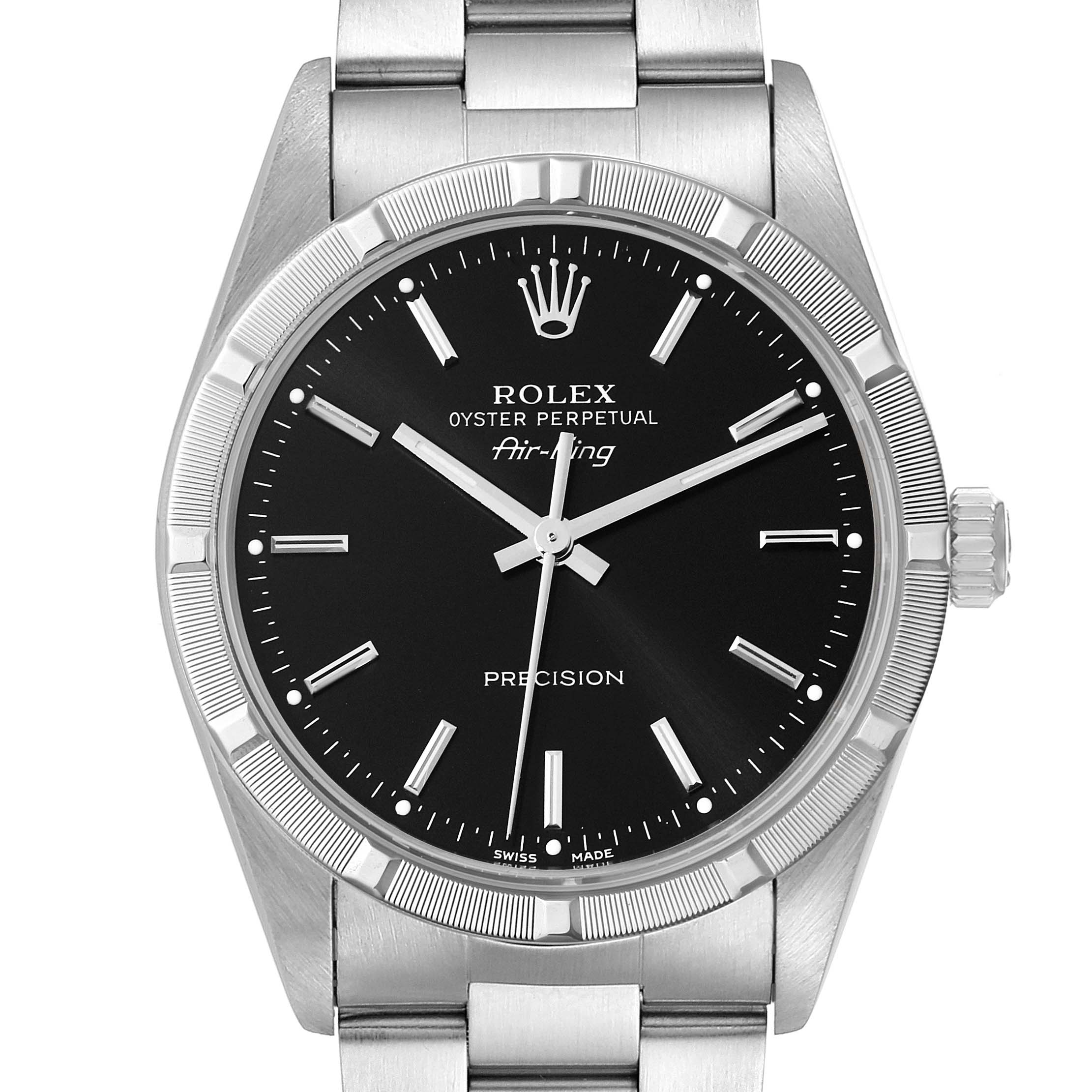 The image shows a front view of a Rolex Air-King 14010 Men's Stainless Steel Black Dial 14010 Men's Stainless Steel Black Dial watch, displaying the dial, bezel, crown, and part of the bracelet.