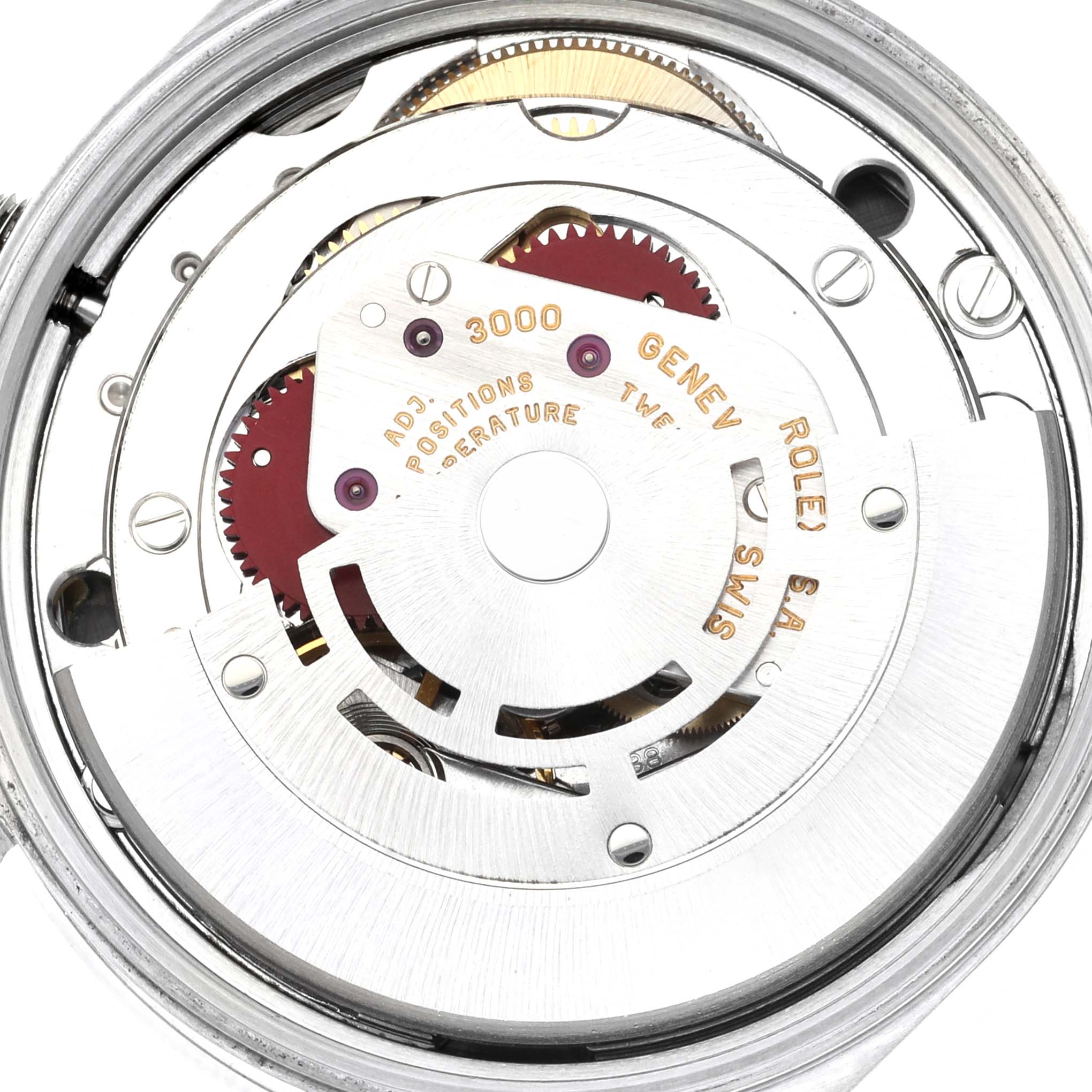 This image shows an up-close view of the inner mechanism and movement parts of a Rolex Air-King 14010 Men's Stainless Steel Black Dial 14010 Men's Stainless Steel Black Dial watch.