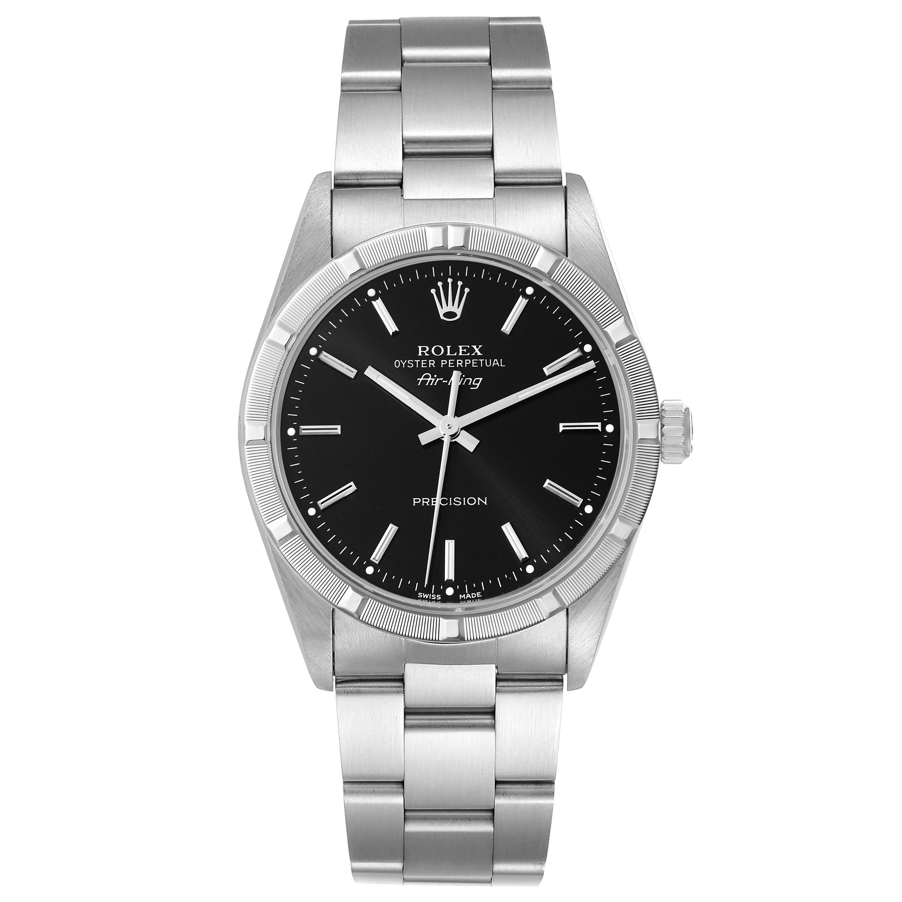 The image shows a front view of the Rolex Air-King 14010 Men's Stainless Steel Black Dial 14010 Men's Stainless Steel Black Dial watch, displaying the dial, bezel, and bracelet.
