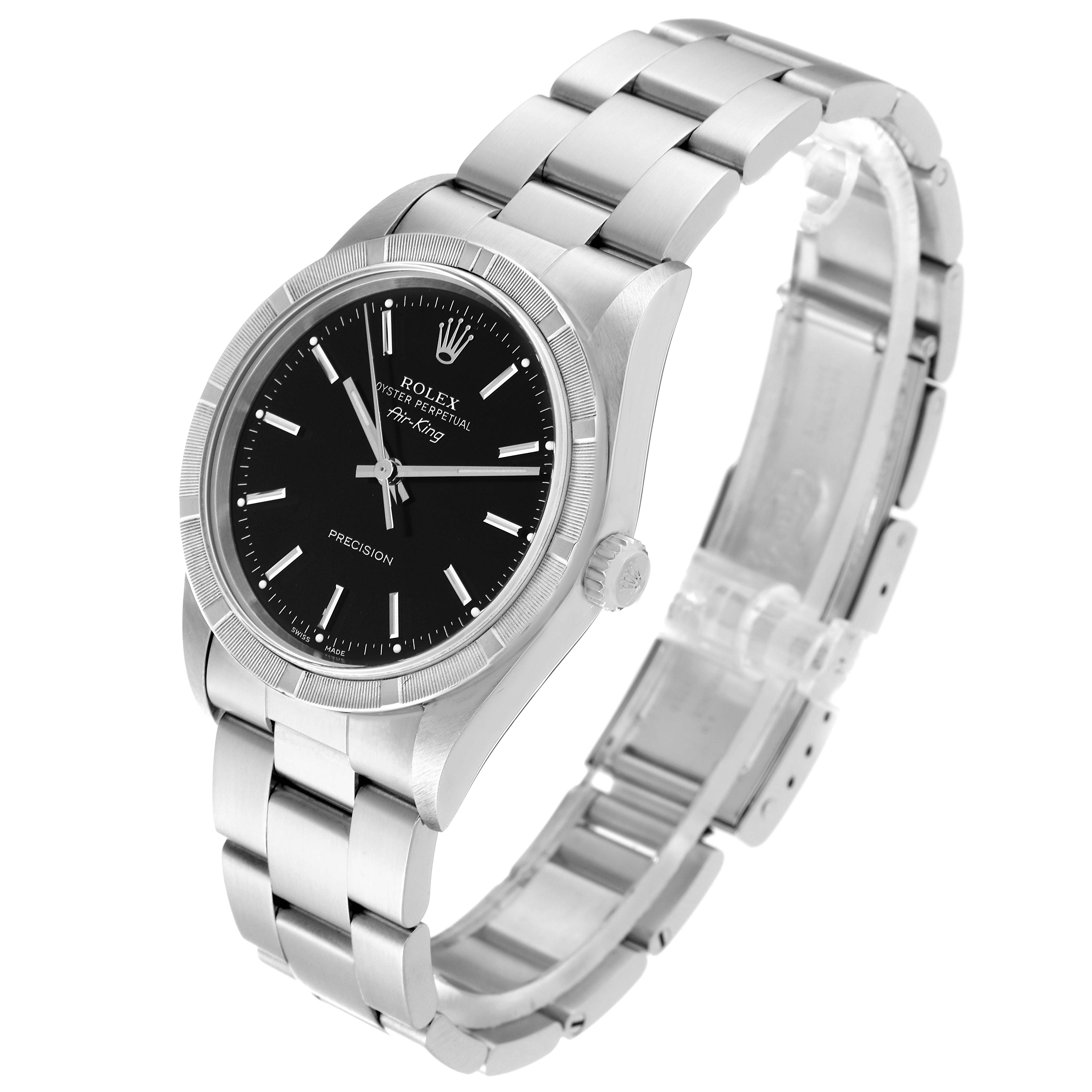 The Rolex Air-King 14010 Men's Stainless Steel Black Dial 14010 Men's Stainless Steel Black Dial watch is shown at a three-quarter angle, featuring its bracelet, crown, and black dial.