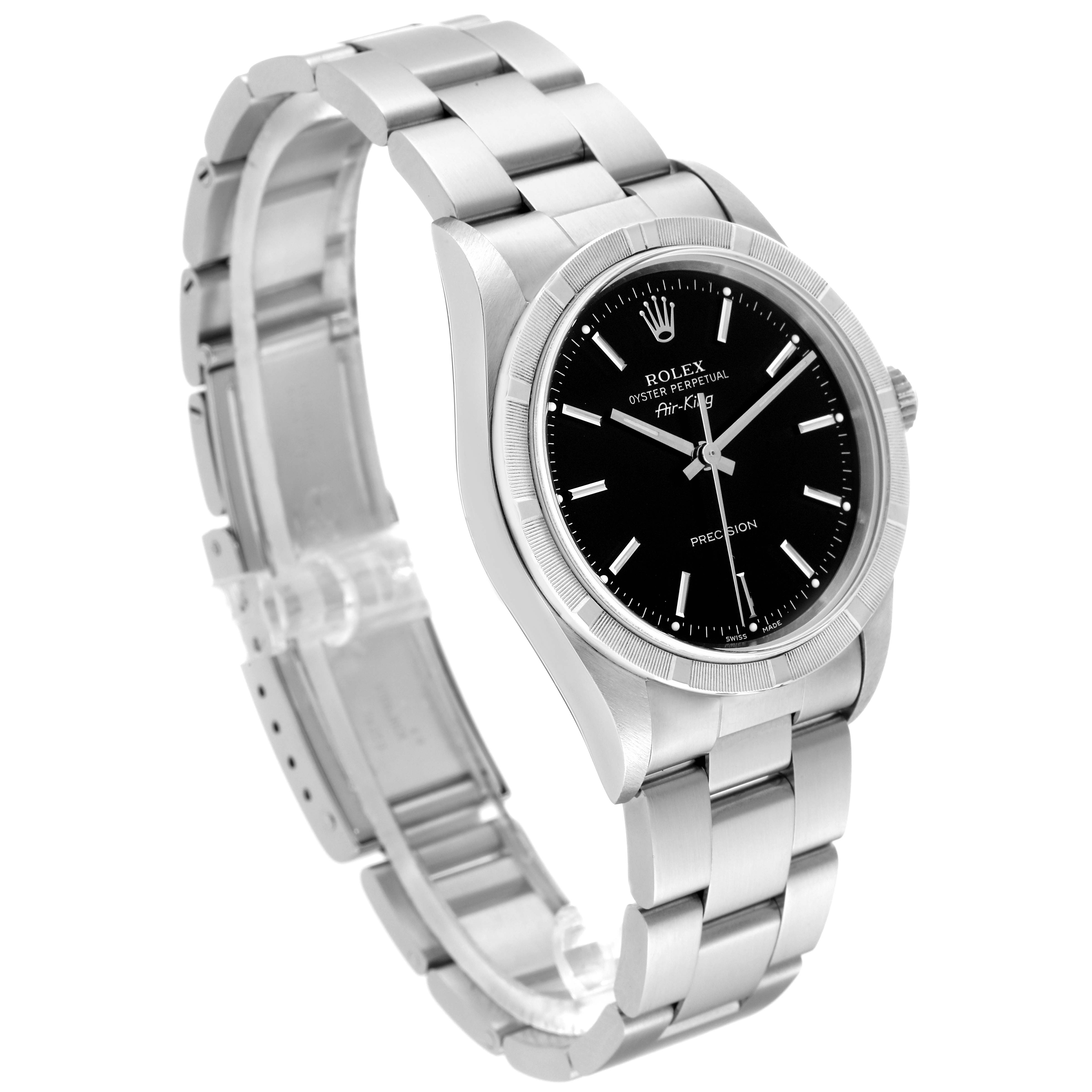 The image shows an angled view of a Rolex Air-King 14010 Men's Stainless Steel Black Dial 14010 Men's Stainless Steel Black Dial watch, displaying the face, bezel, and bracelet.