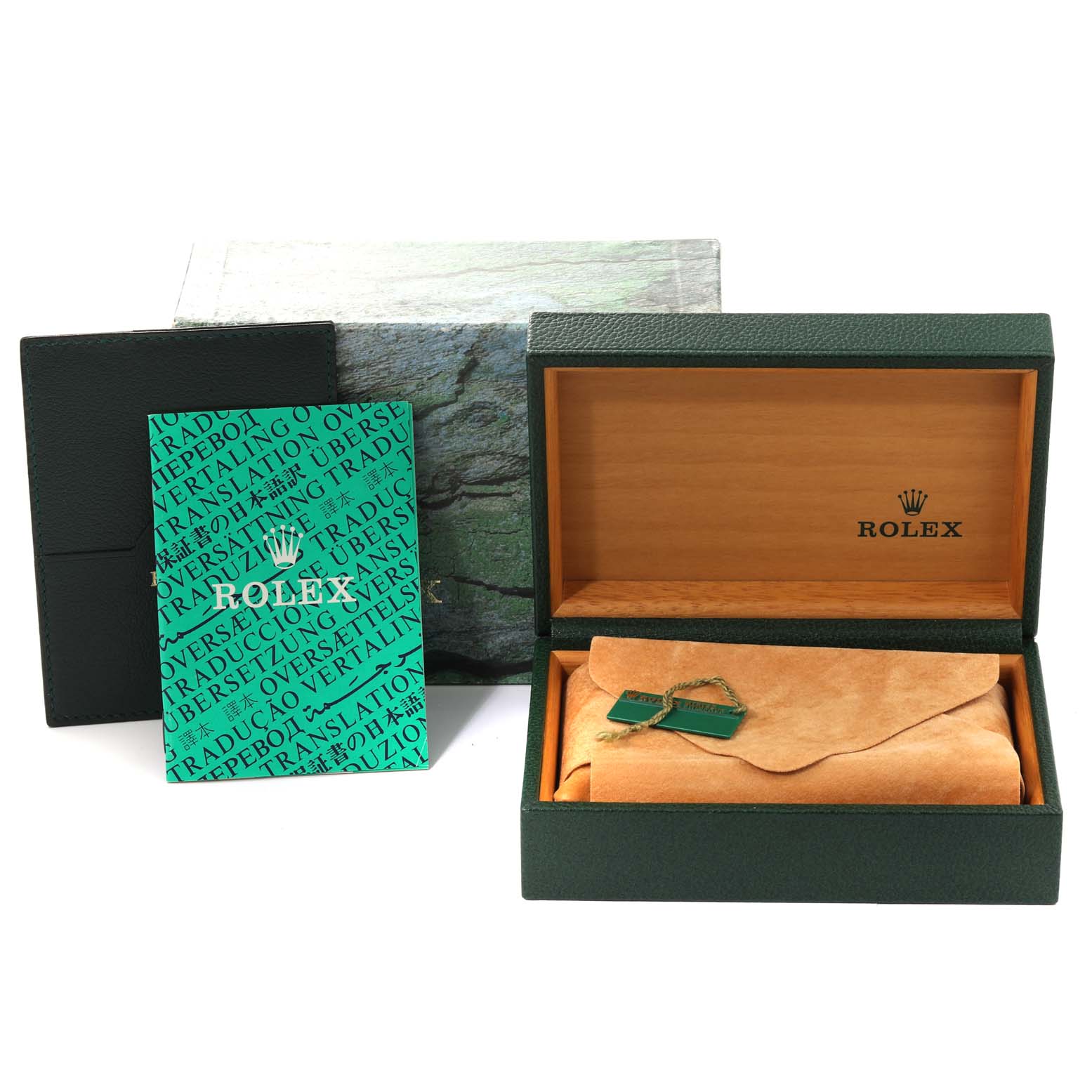 The image shows the packaging and accessories of a Rolex Air-King 14010 Men's Stainless Steel Black Dial 14010 Men's Stainless Steel Black Dial, including the watch box, tag, and booklet from a front angle.