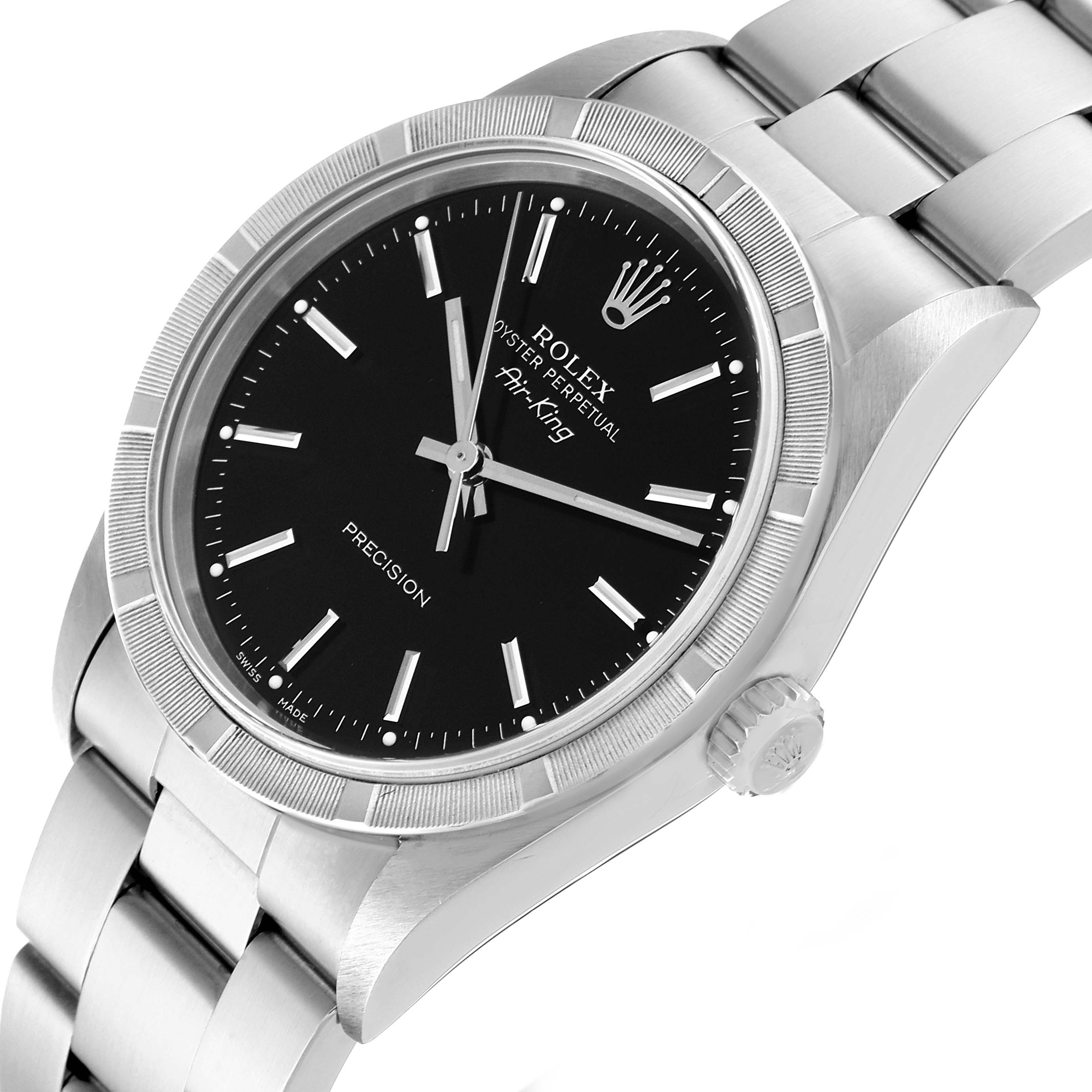This Rolex Air-King 14010 Men's Stainless Steel Black Dial 14010 Men's Stainless Steel Black Dial watch is shown at a slight angle, displaying the face, bezel, and part of the bracelet.