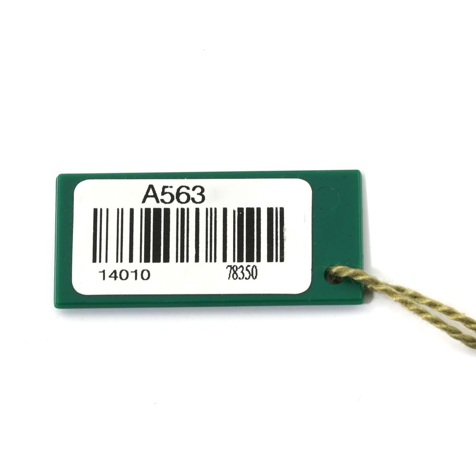 This image shows a green tag with a barcode and numbers, which is an accessory for the Rolex Air-King 14010 Men's Stainless Steel Black Dial 14010 Men's Stainless Steel Black Dial watch model.