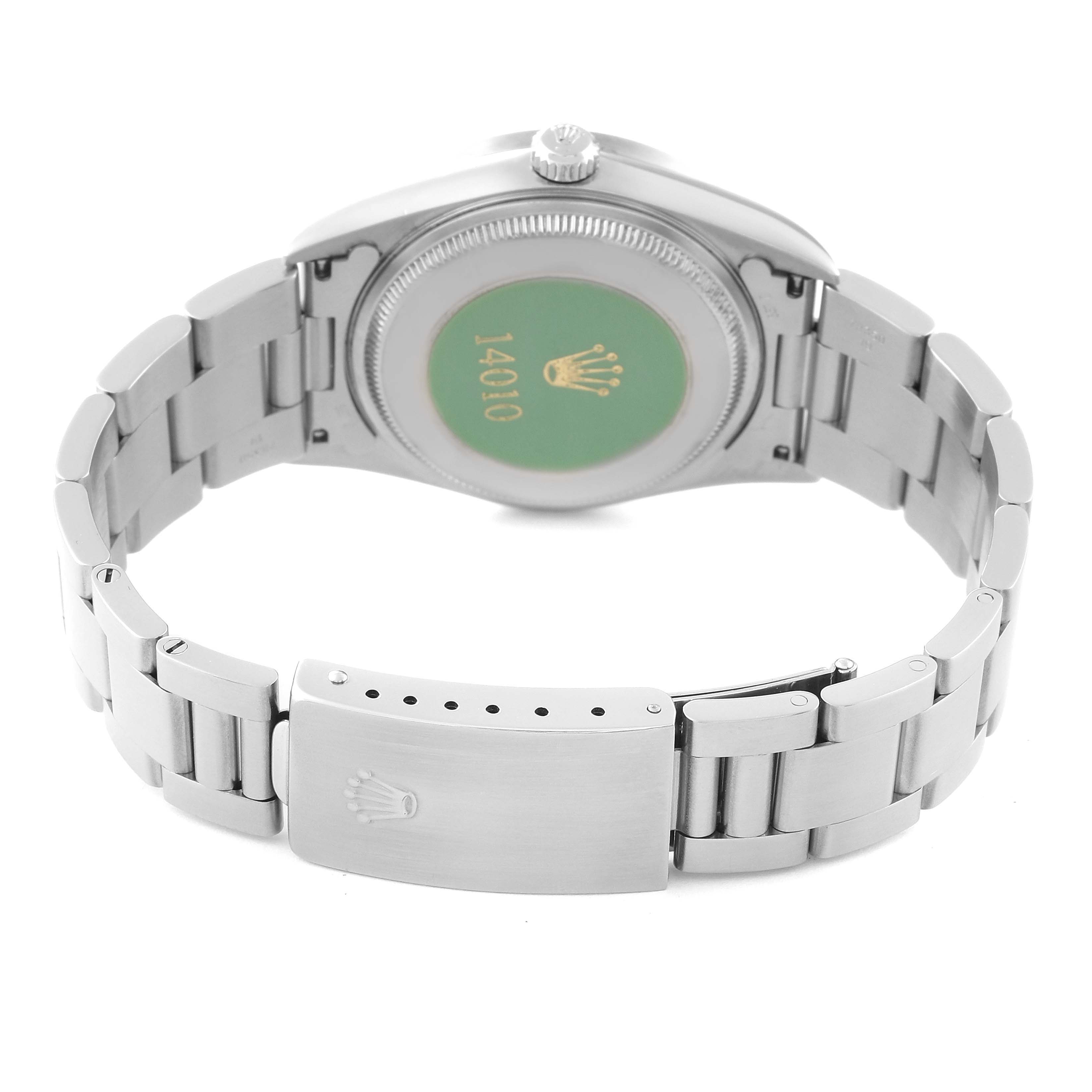 The image shows the rear view of the Rolex Air-King 14010 Men's Stainless Steel Black Dial 14010 Men's Stainless Steel Black Dial watch, highlighting its case back and metal bracelet with clasp.