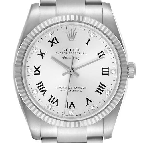 The Rolex Air-King watch is shown from a front angle, highlighting its dial, bezel, markers, hands, and part of the bracelet.