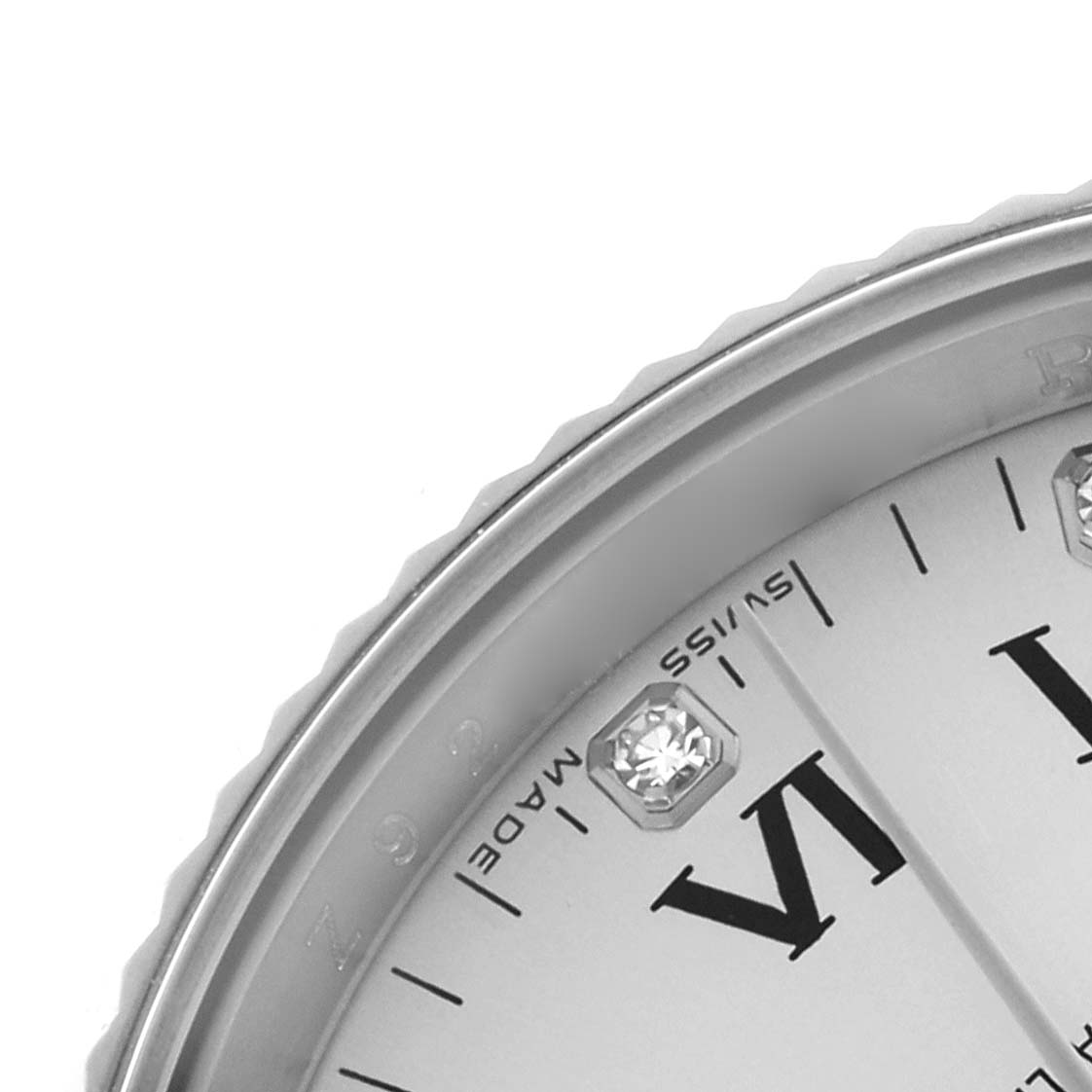 The image shows a close-up angle of the Rolex Air-King 114234 Men's Stainless Steel Silver Dial 114234 Men's Stainless Steel Silver Dial watch, focusing on the bezel, hour markers, and part of the dial.