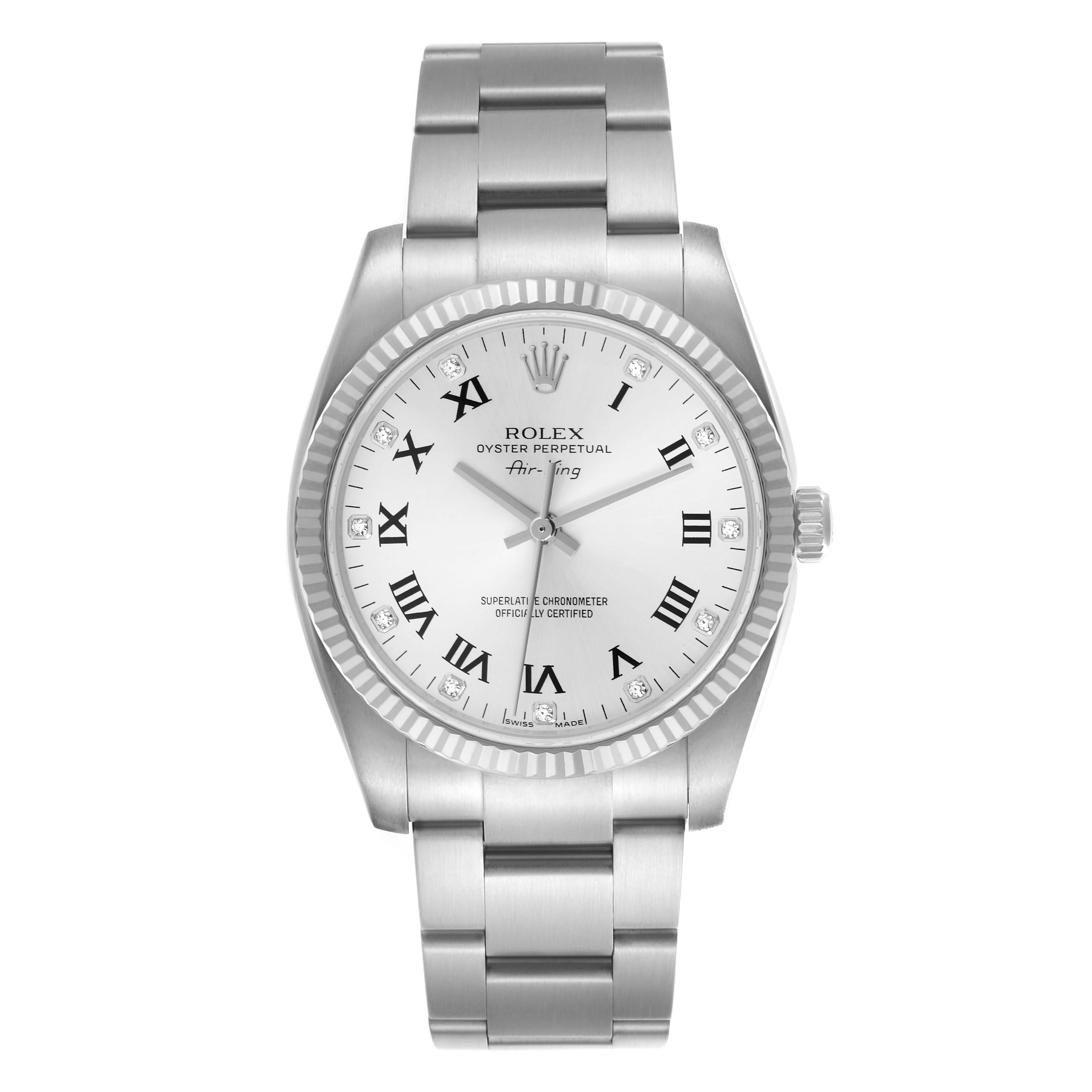 The image shows a frontal view of the Rolex Air-King 114234 Men's Stainless Steel Silver Dial 114234 Men's Stainless Steel Silver Dial watch, highlighting the dial, bezel, and bracelet.