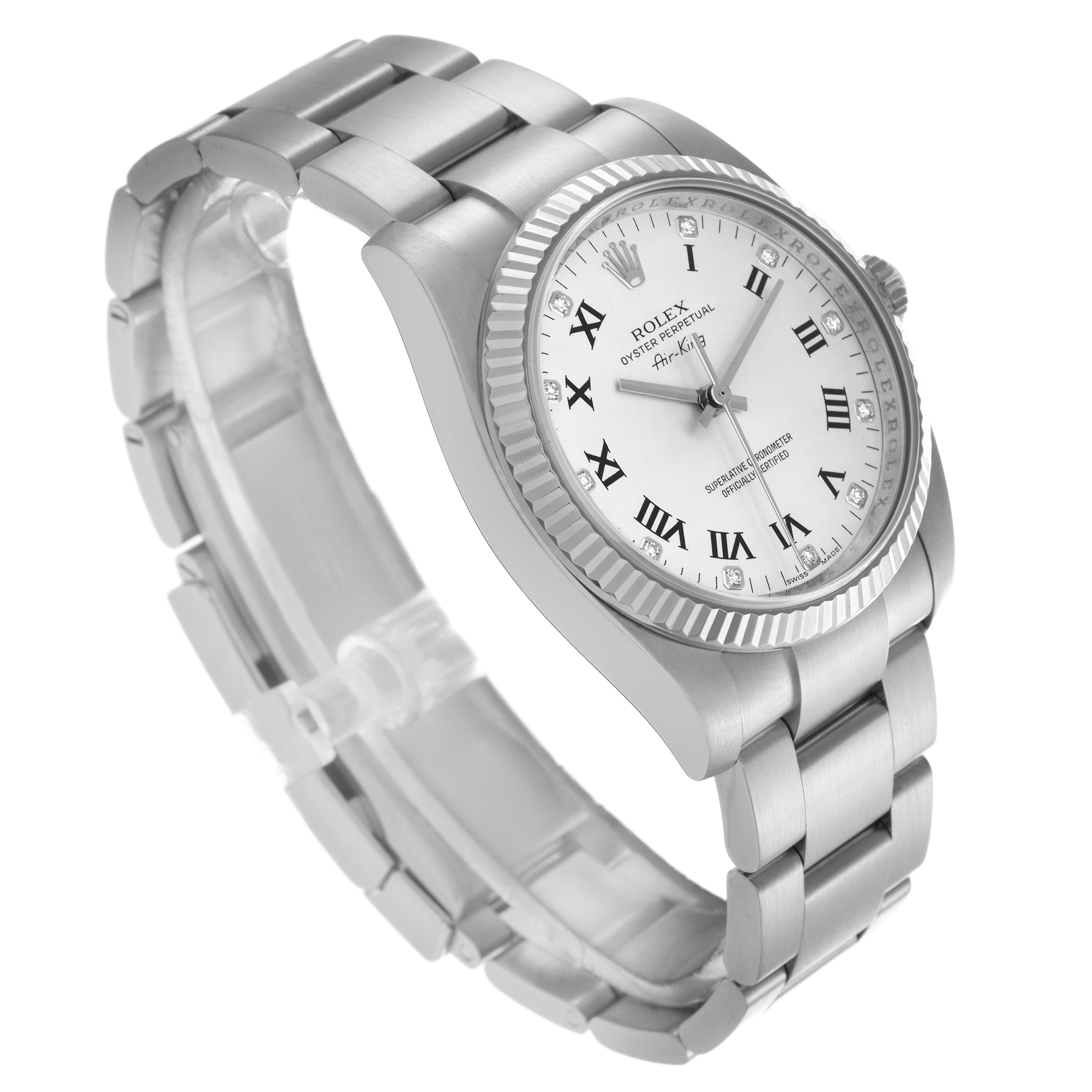 The Rolex Air-King 114234 Men's Stainless Steel Silver Dial 114234 Men's Stainless Steel Silver Dial watch is shown at an angled side view, highlighting the face, bezel, and metal bracelet.