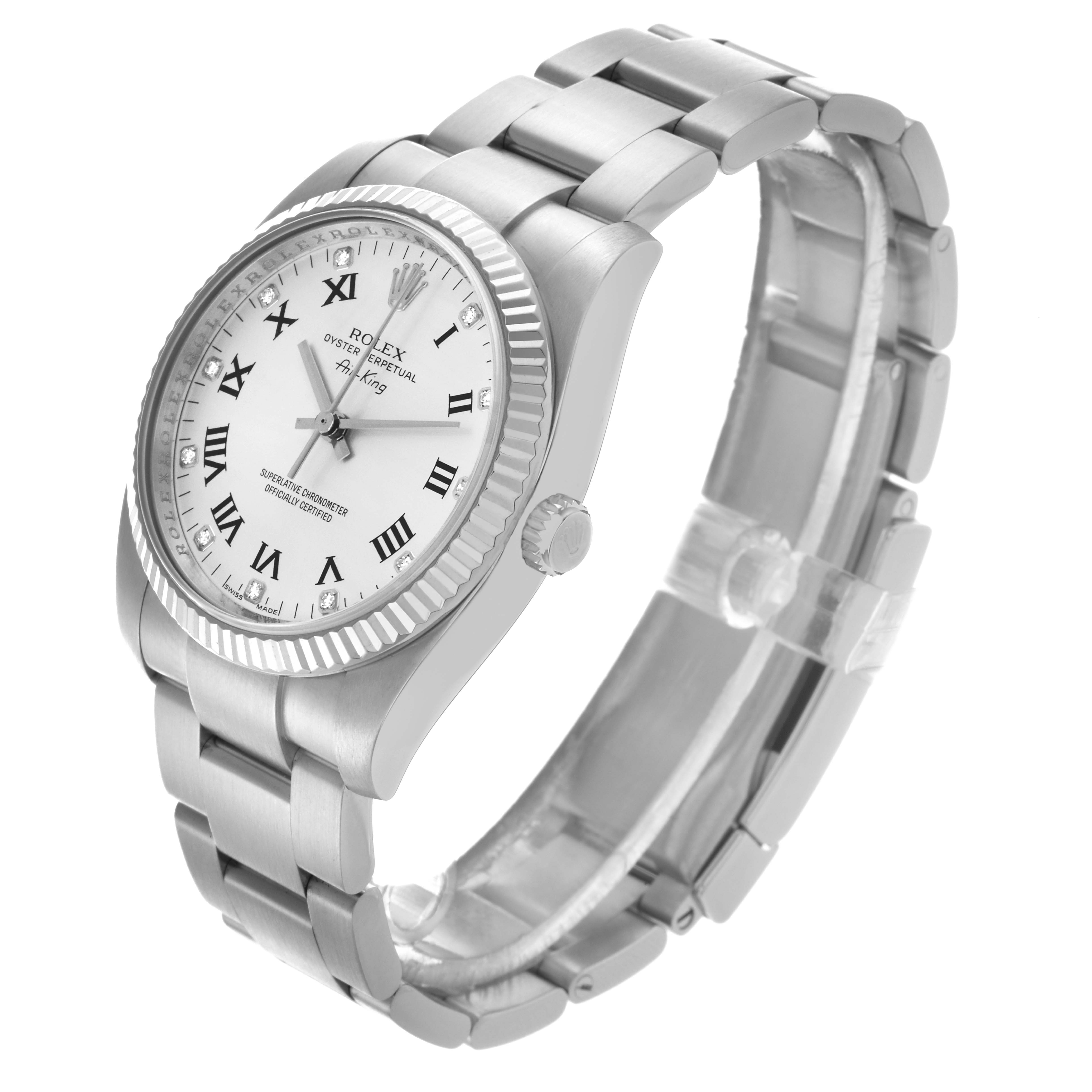 The Rolex Air-King 114234 Men's Stainless Steel Silver Dial 114234 Men's Stainless Steel Silver Dial watch is shown at an angle displaying the face, bezel, crown, and part of the bracelet.