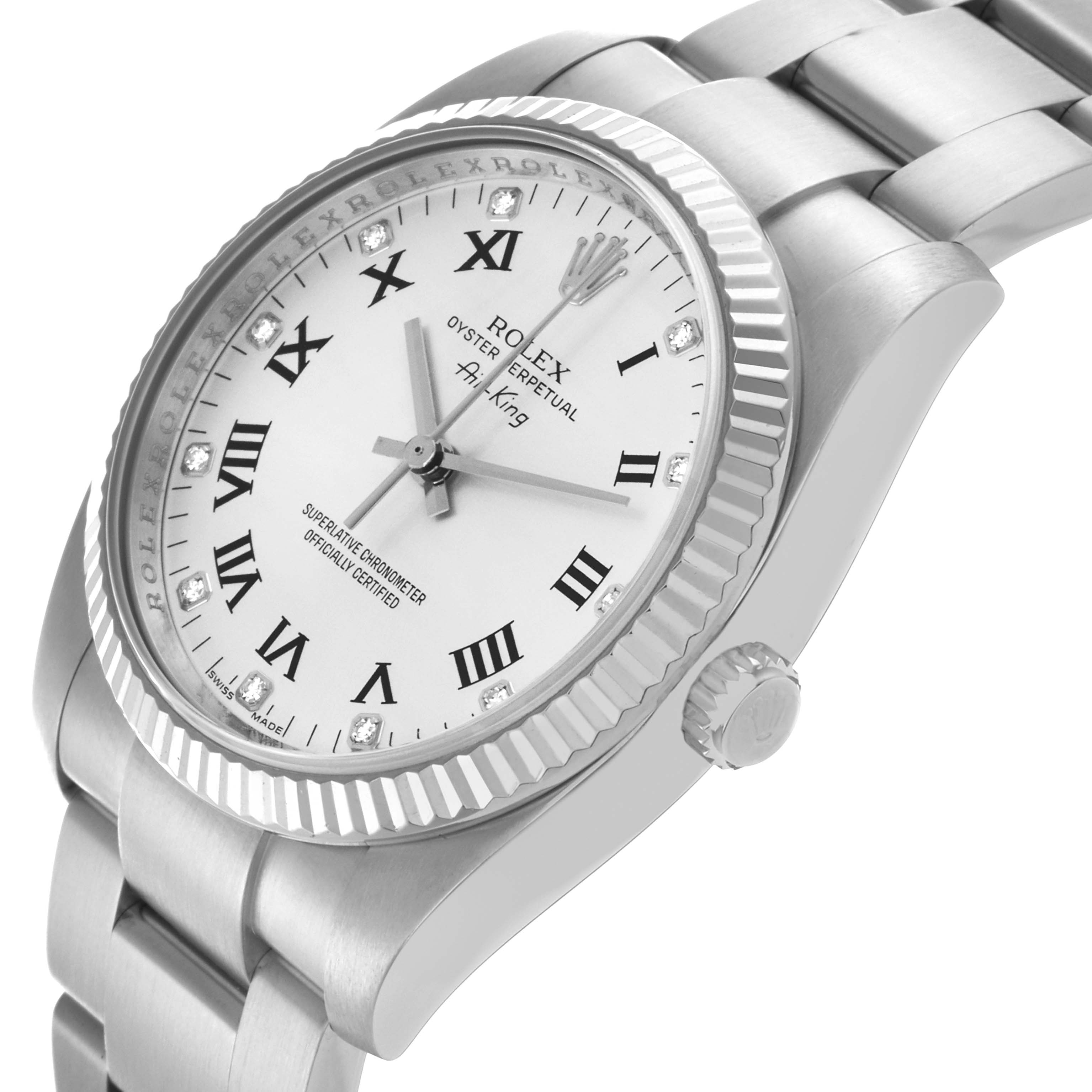 The Rolex Air-King 114234 Men's Stainless Steel Silver Dial 114234 Men's Stainless Steel Silver Dial watch is shown at an angled side view, displaying the dial, bezel, crown, and part of the bracelet.