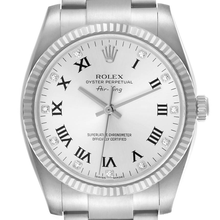 The Rolex Air-King watch is shown from the front, highlighting the face, bezel, and part of the bracelet.