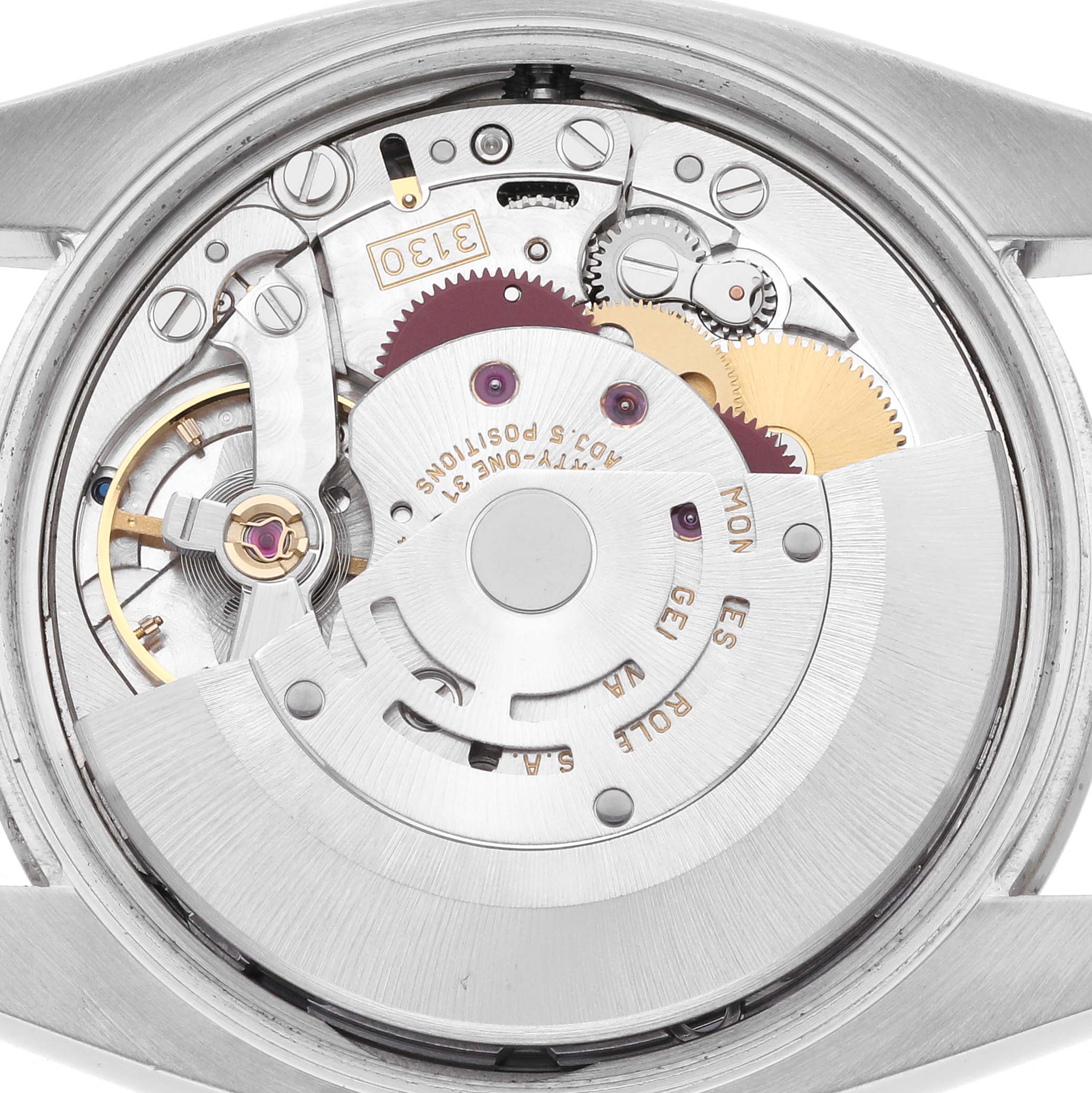 The image shows the back view of a Rolex Air-King 114234 Men's Stainless Steel Silver Dial 114234 Men's Stainless Steel Silver Dial watch, highlighting its intricate internal movement components.