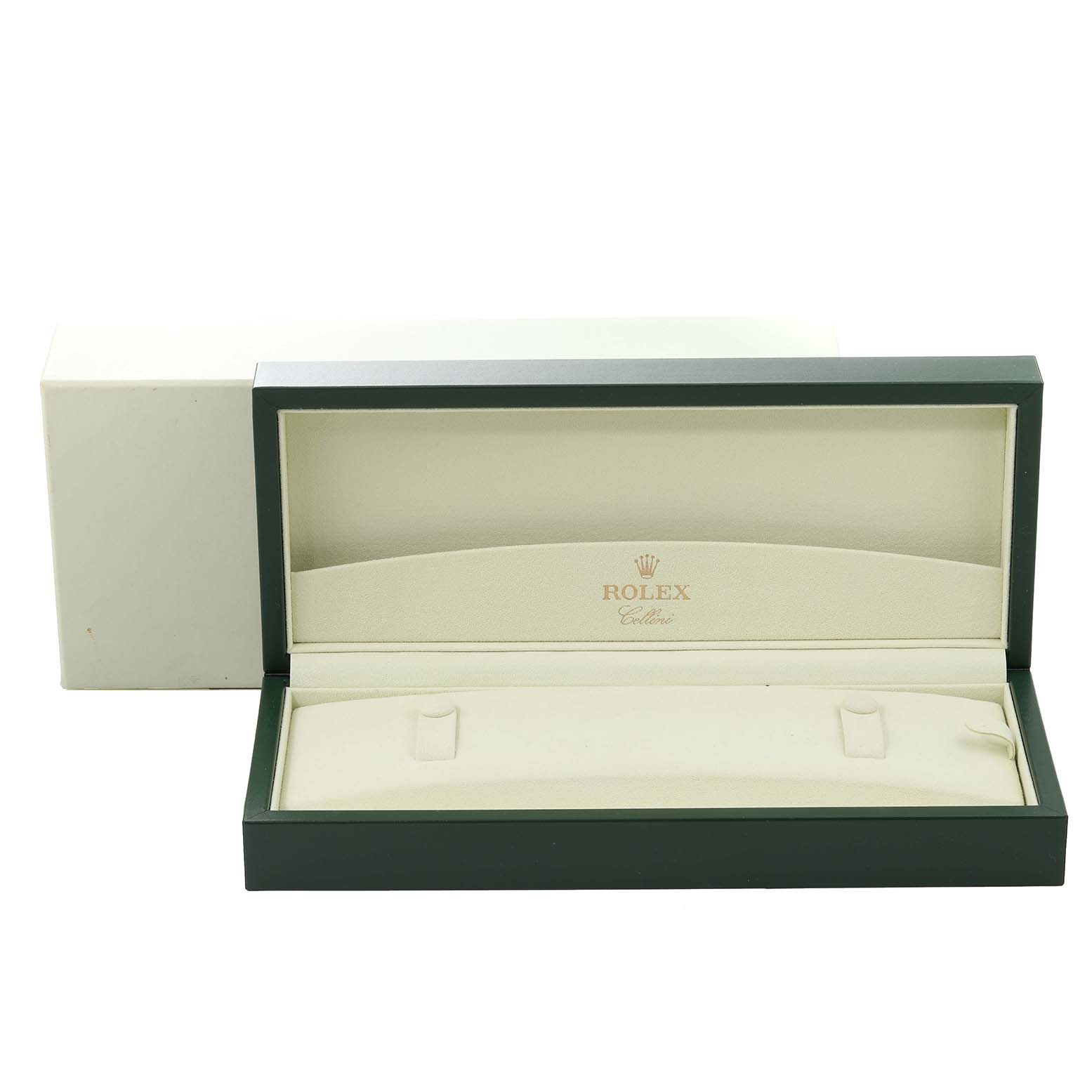 The image shows an open Rolex Cellini 5116 Men's White Gold Silver Dial 5116 Men's White Gold Silver Dial watch box, displaying its interior with padding and compartments.