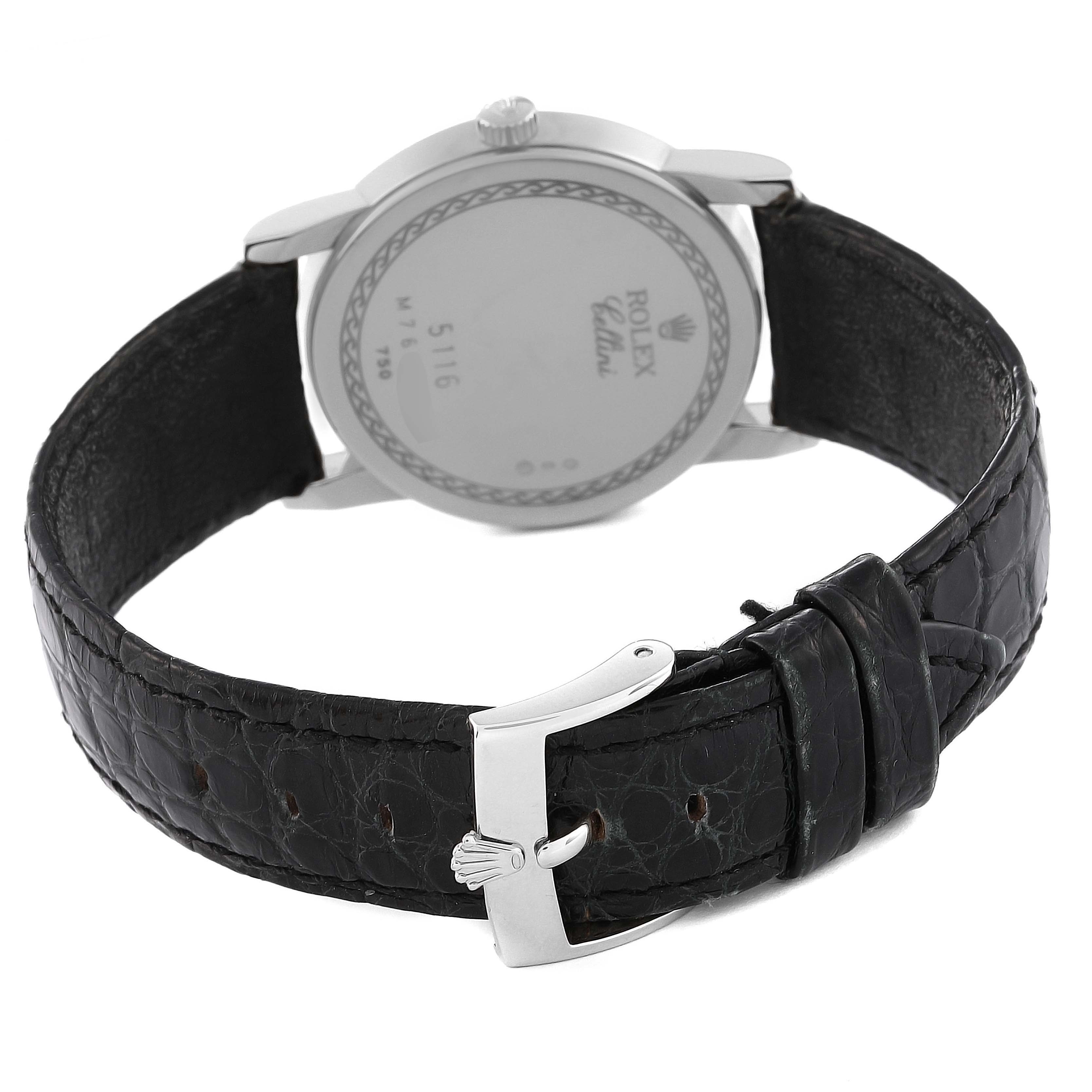 The image shows the back case and leather strap with buckle of a Rolex Cellini 5116 Men's White Gold Silver Dial 5116 Men's White Gold Silver Dial watch.