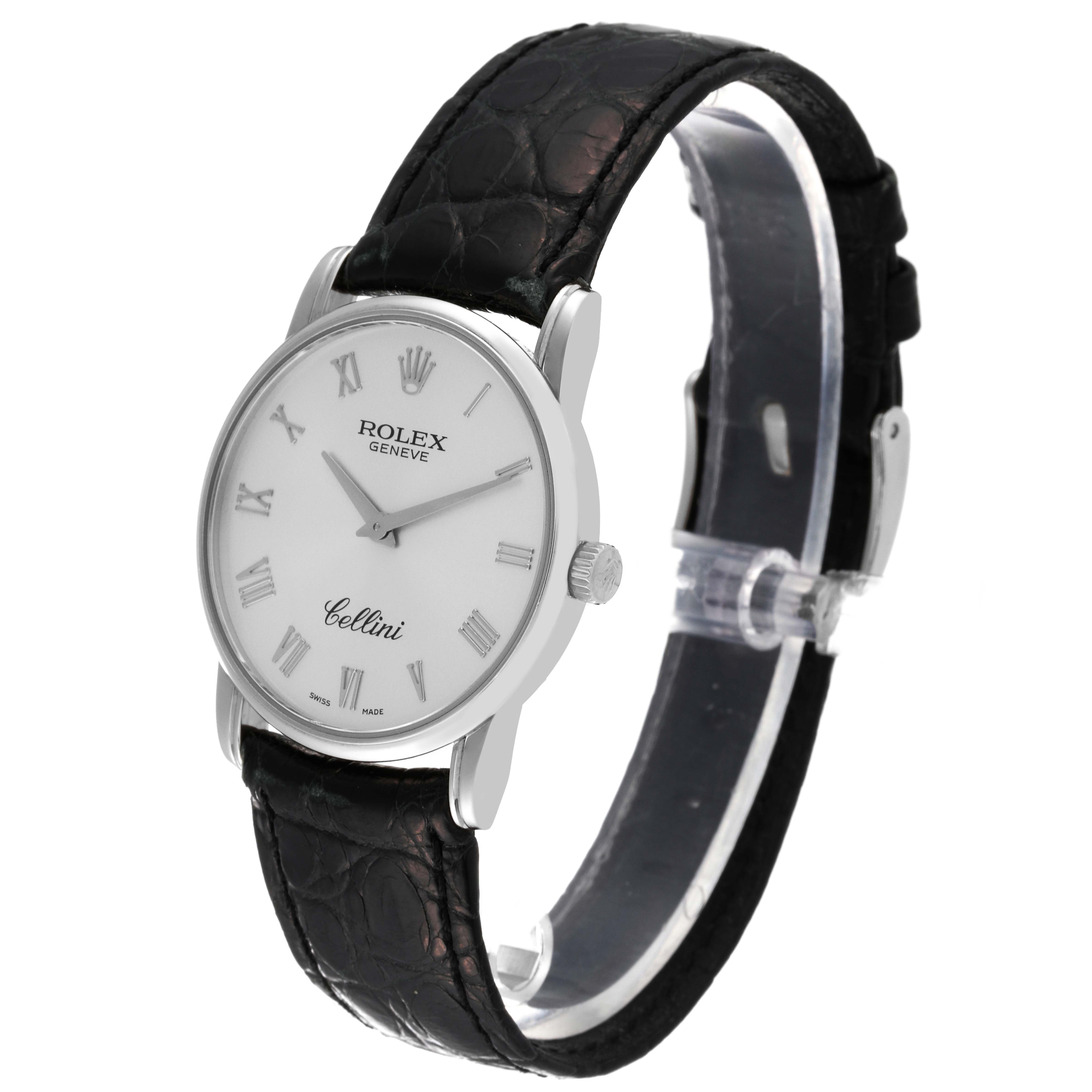 The Rolex Cellini 5116 Men's White Gold Silver Dial 5116 Men's White Gold Silver Dial watch is shown at an angle displaying its face, leather strap, and side profile.