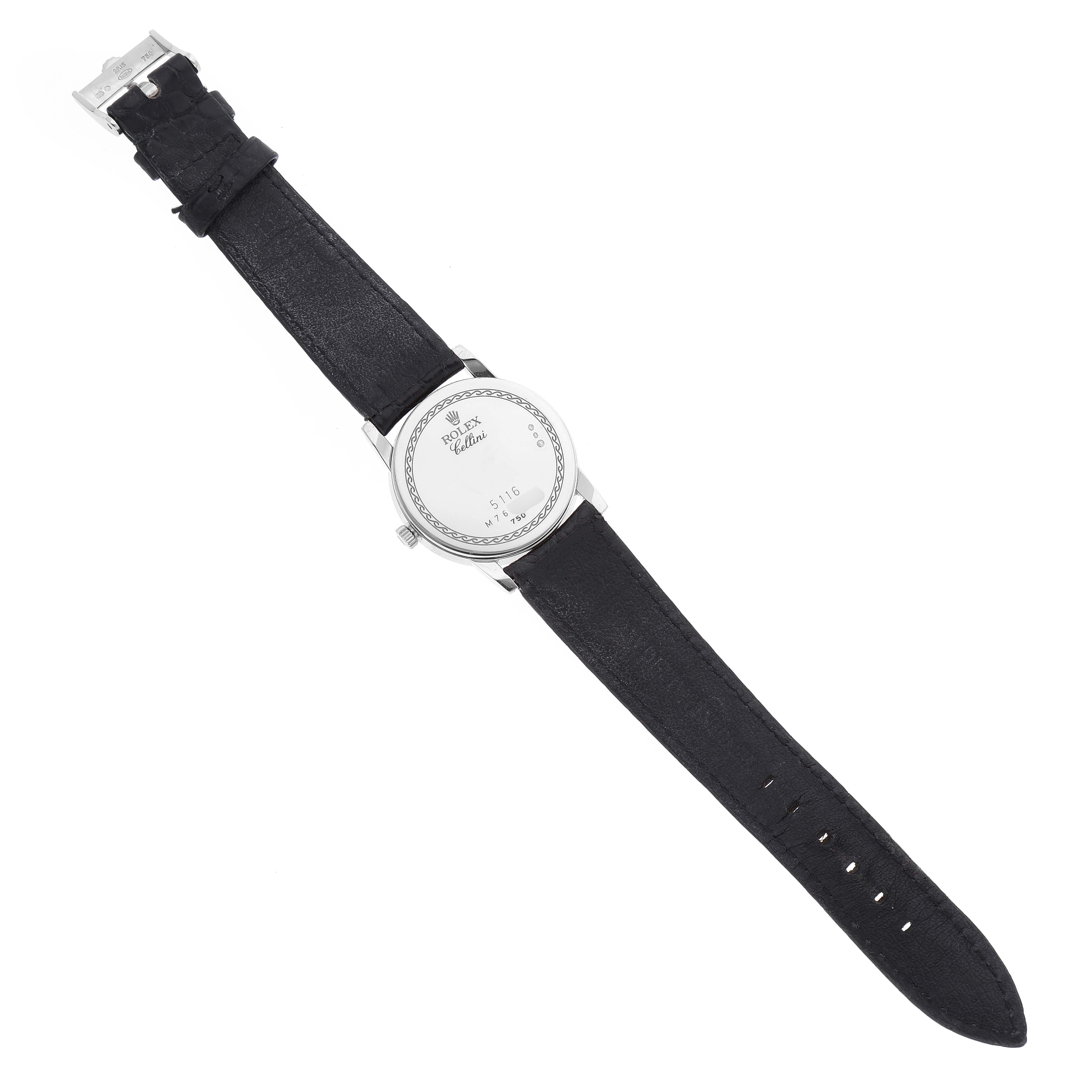 The image shows the back of a Rolex Cellini 5116 Men's White Gold Silver Dial 5116 Men's White Gold Silver Dial watch at a flat angle, displaying the case back, strap, and buckle.