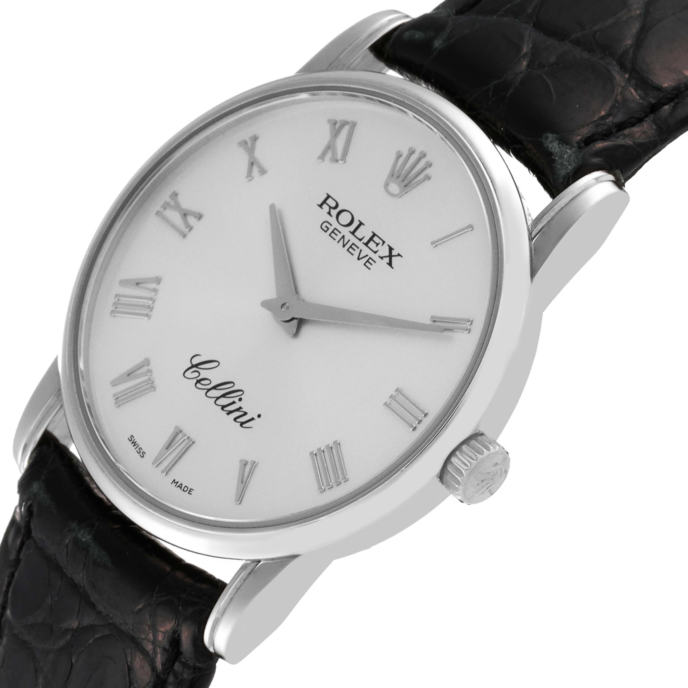 The image shows a front and slight side angle view of the Rolex Cellini 5116 Men's White Gold Silver Dial 5116 Men's White Gold Silver Dial watch, highlighting its dial, crown, and leather strap.