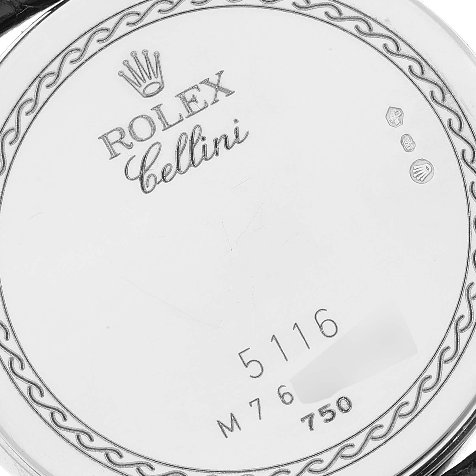 This image shows the back case of a Rolex Cellini 5116 Men's White Gold Silver Dial 5116 Men's White Gold Silver Dial watch, featuring engraved branding and model number 5116.