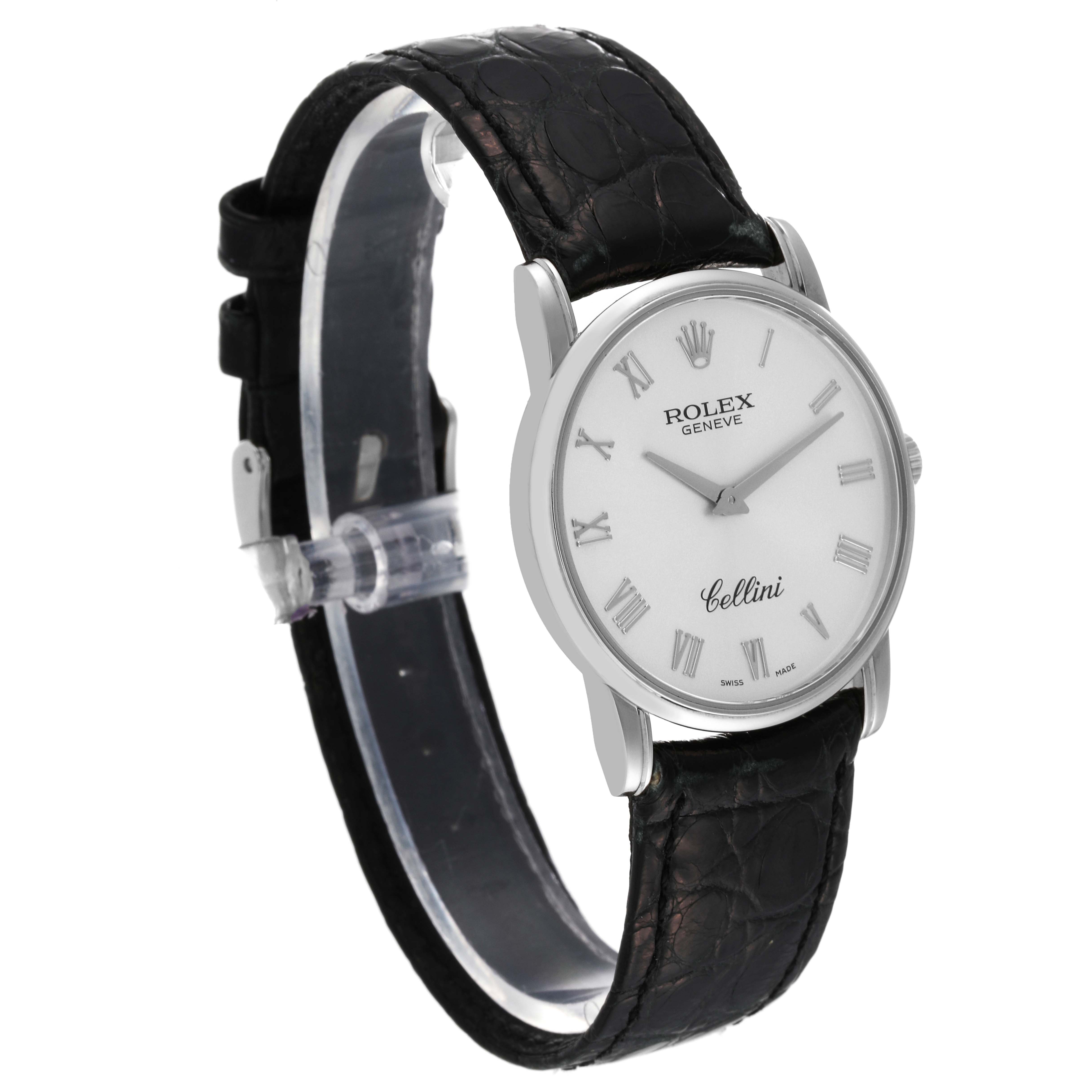 This image shows a Rolex Cellini 5116 Men's White Gold Silver Dial 5116 Men's White Gold Silver Dial watch at a three-quarter angle, highlighting its face and black leather strap.