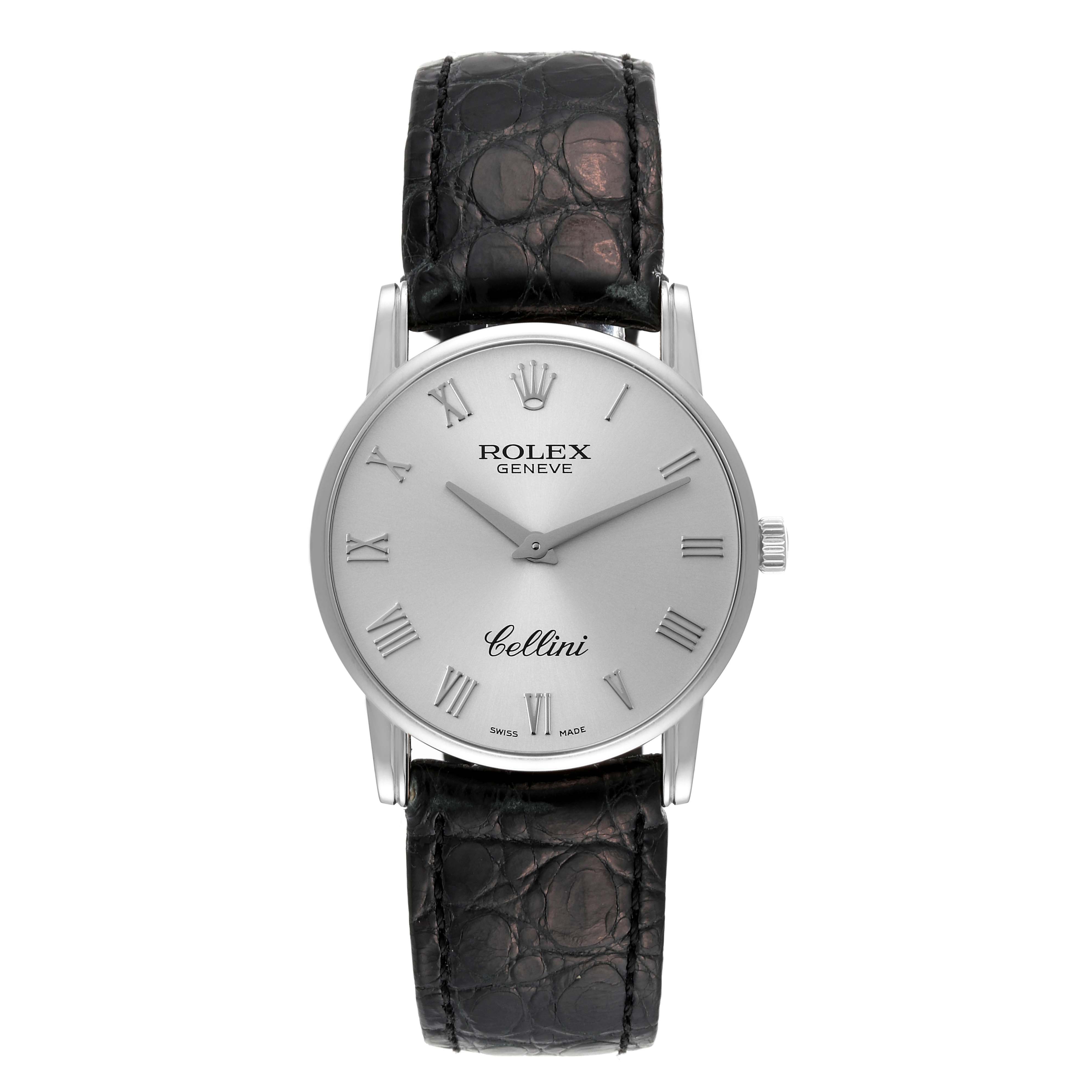 This image shows a front view of a Rolex Cellini 5116 Men's White Gold Silver Dial 5116 Men's White Gold Silver Dial watch with a black leather strap and silver dial.