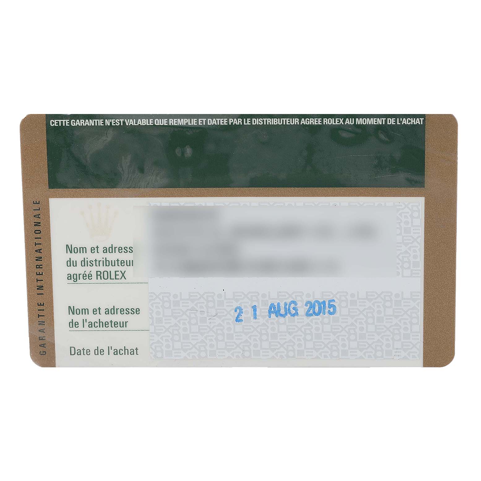 The image shows an international guarantee card for a Rolex Cellini 5115 Men's White Gold Silver Dial 5115 Men's White Gold Silver Dial watch, displaying purchase date and distributor information.