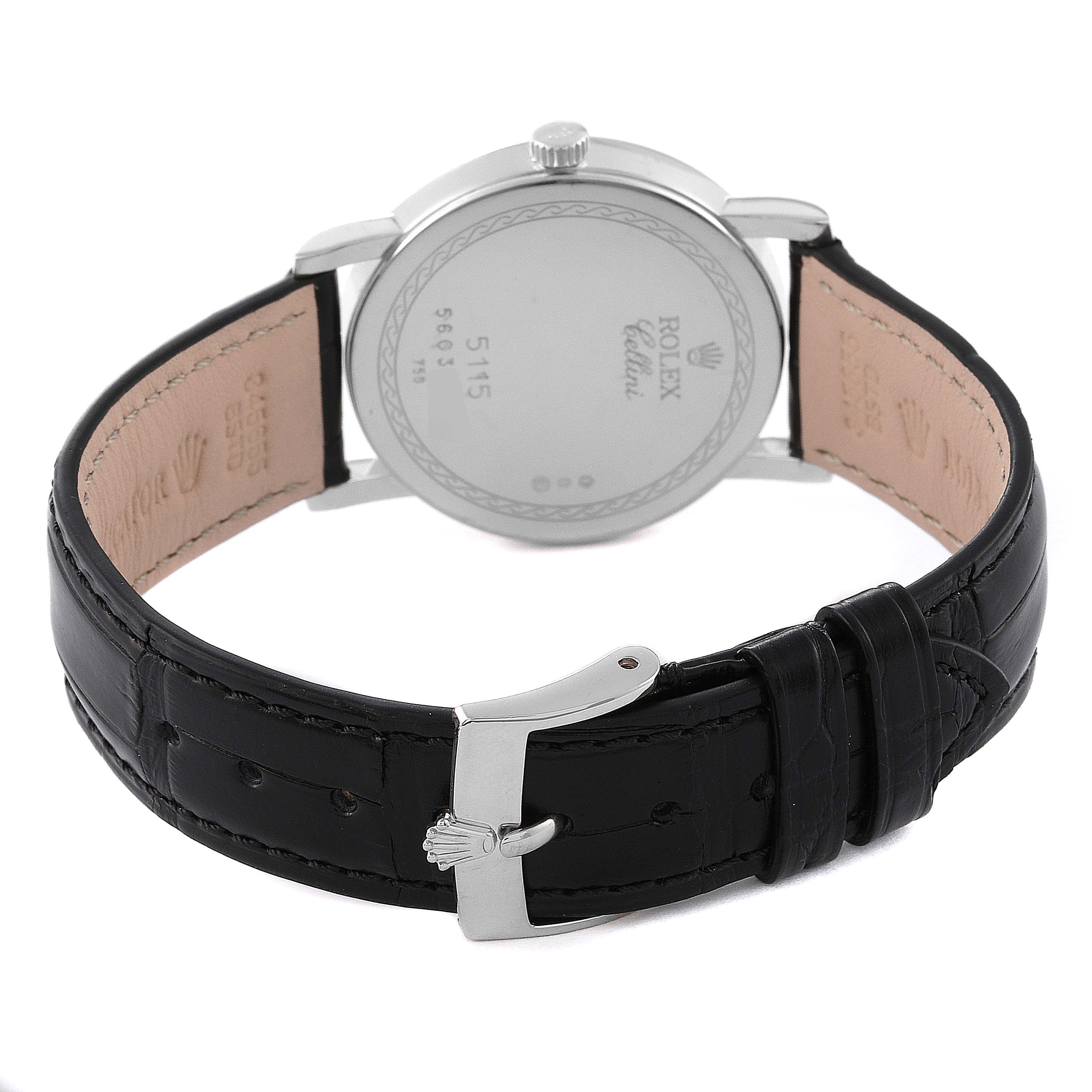 This image shows the back view of a Rolex Cellini 5115 Men's White Gold Silver Dial 5115 Men's White Gold Silver Dial watch, highlighting the leather strap and clasp.