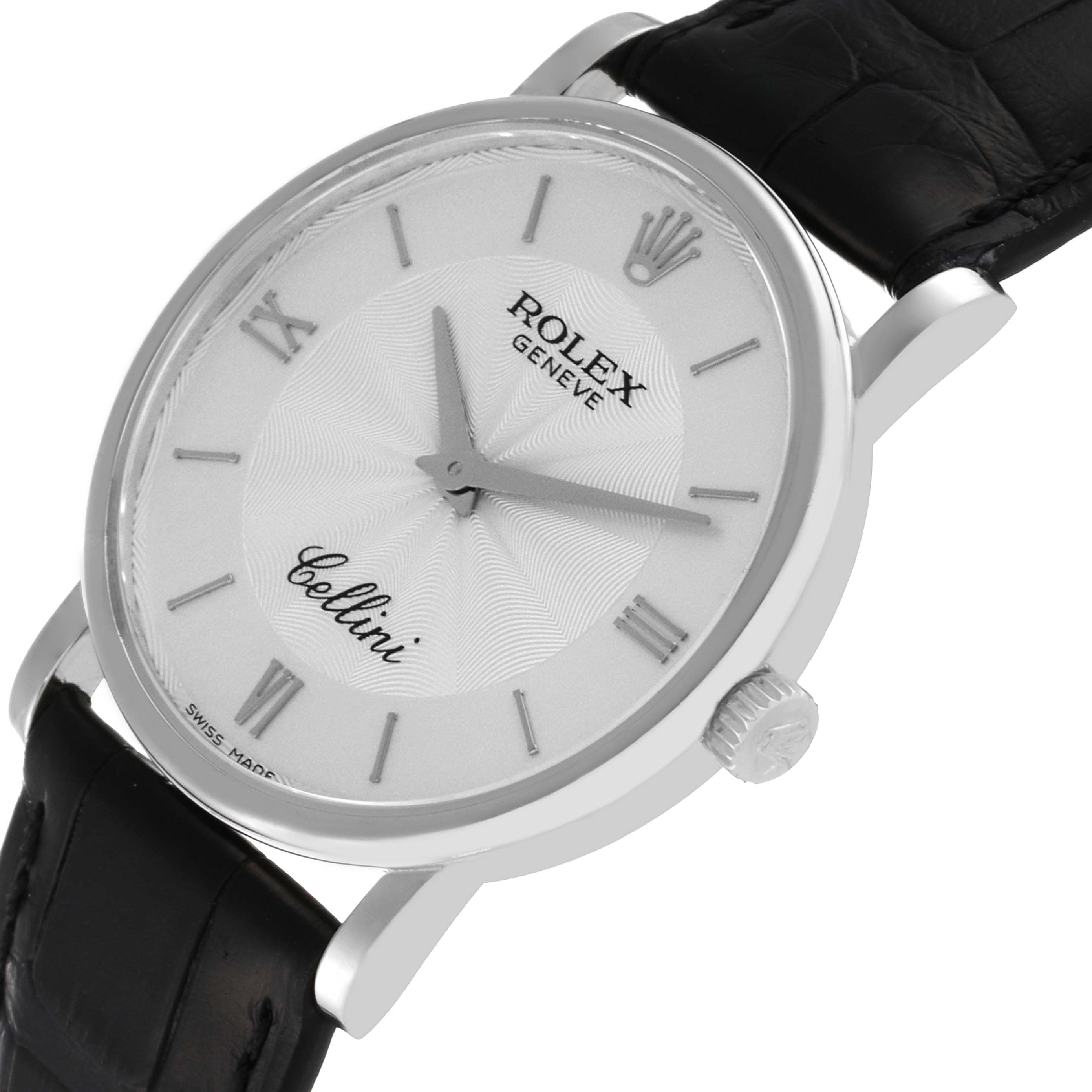 The image shows a Rolex Cellini 5115 Men's White Gold Silver Dial 5115 Men's White Gold Silver Dial watch at a slight angle, highlighting its black strap, silver dial, and the crown logo at 12 o'clock.